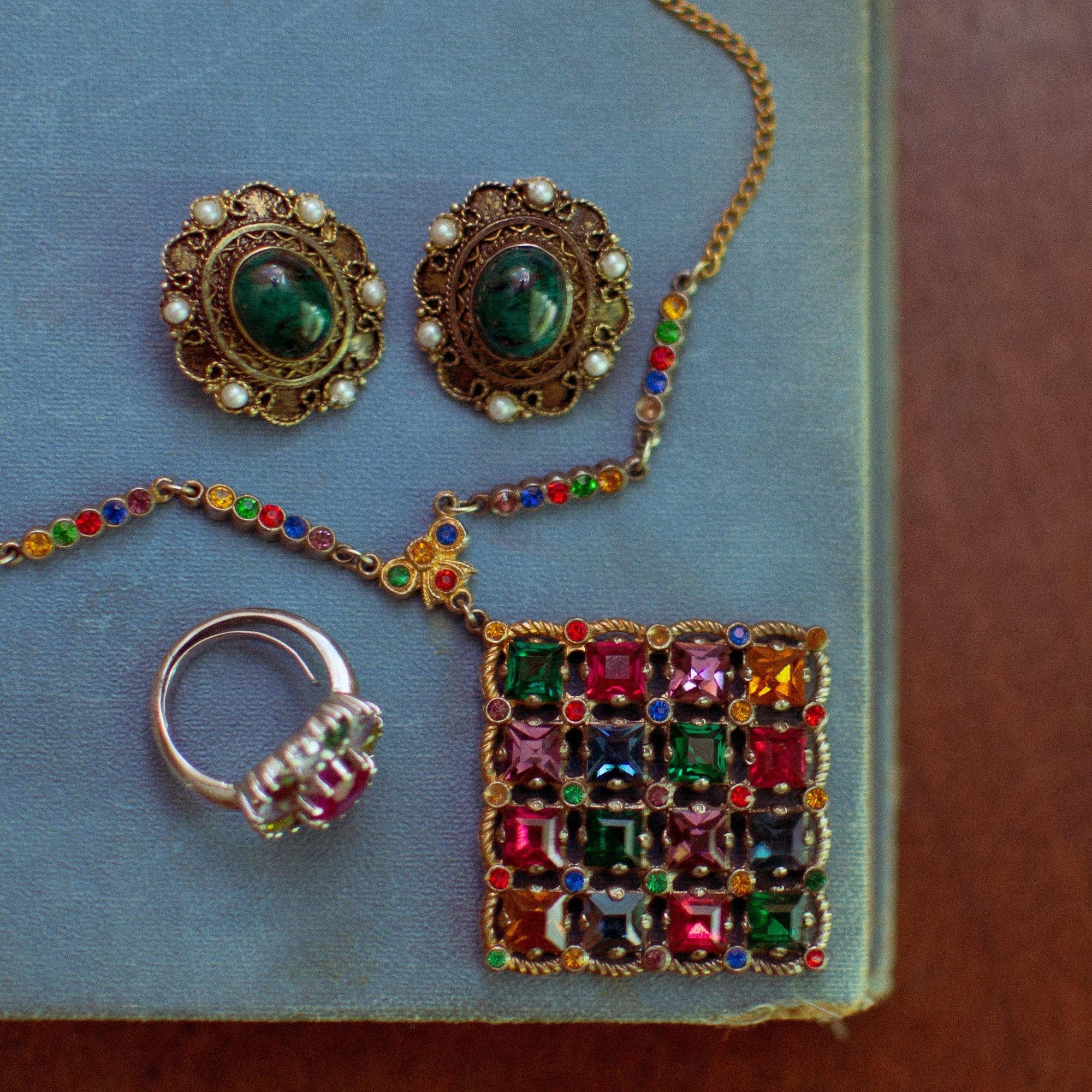 Vintage Sterling SIlver Filigree Clip Earrings with Malachite and Pearls Made in Israel by Made in Israel - Vintage Meet Modern Vintage Jewelry - Chicago, Illinois - #oldhollywoodglamour #vintagemeetmodern #designervintage #jewelrybox #antiquejewelry #vintagejewelry