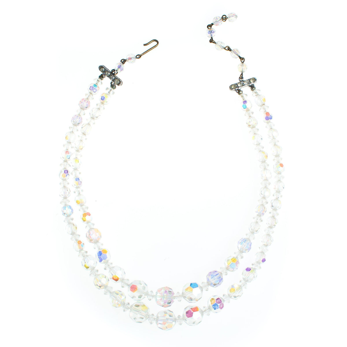 Vintage Classic Mid Century Modern 1950s Double Strand Aurora Borealis Faceted Crystal Necklace