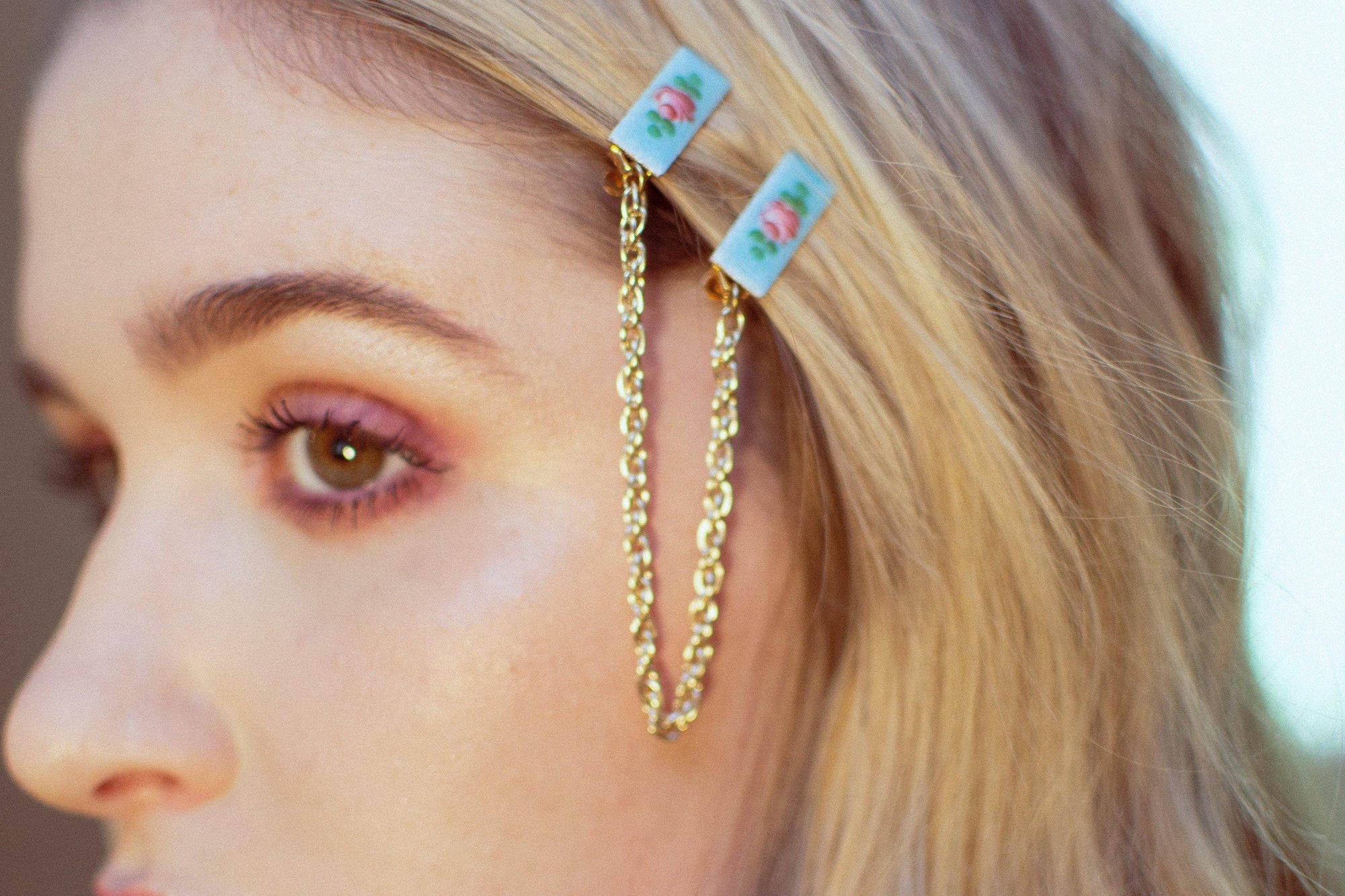 Vintage Pink Rose and Blue Guilloche Sweater Guard with Gold Chain by 1950s - Vintage Meet Modern Vintage Jewelry - Chicago, Illinois - #oldhollywoodglamour #vintagemeetmodern #designervintage #jewelrybox #antiquejewelry #vintagejewelry