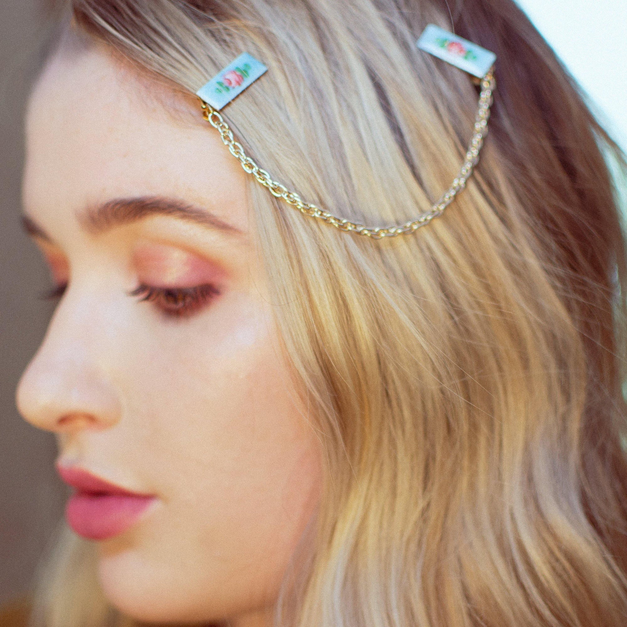 Vintage Pink Rose and Blue Guilloche Sweater Guard with Gold Chain by 1950s - Vintage Meet Modern Vintage Jewelry - Chicago, Illinois - #oldhollywoodglamour #vintagemeetmodern #designervintage #jewelrybox #antiquejewelry #vintagejewelry