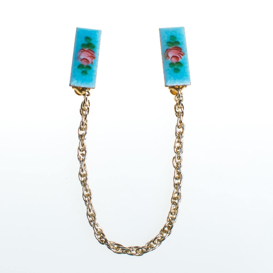 Vintage Pink Rose and Blue Guilloche Sweater Guard with Gold Chain by 1950s - Vintage Meet Modern Vintage Jewelry - Chicago, Illinois - #oldhollywoodglamour #vintagemeetmodern #designervintage #jewelrybox #antiquejewelry #vintagejewelry