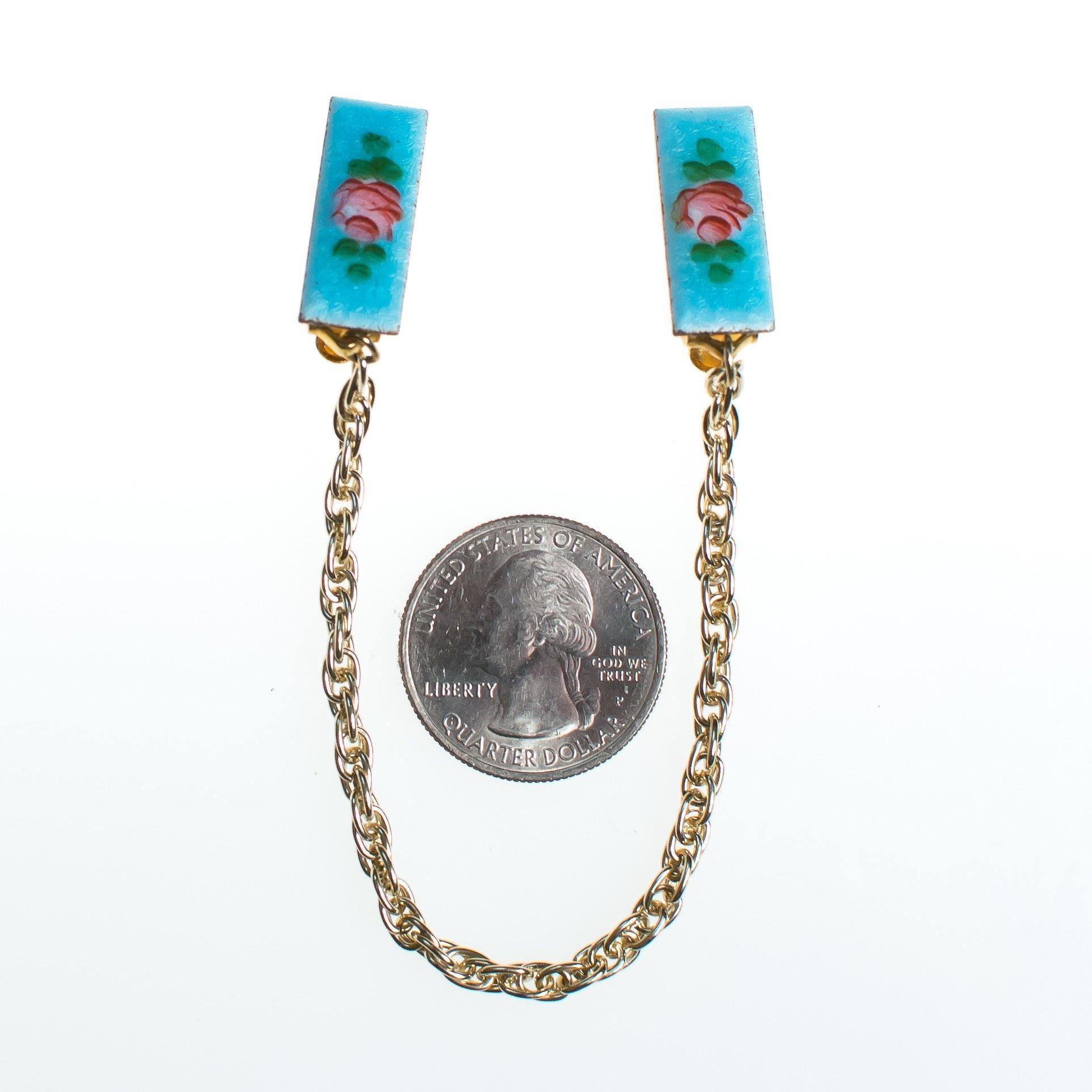 Vintage Pink Rose and Blue Guilloche Sweater Guard with Gold Chain by 1950s - Vintage Meet Modern Vintage Jewelry - Chicago, Illinois - #oldhollywoodglamour #vintagemeetmodern #designervintage #jewelrybox #antiquejewelry #vintagejewelry