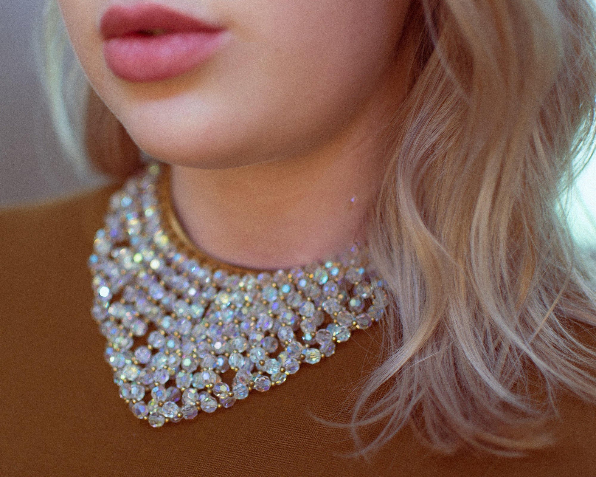 Vintage Looped Aurora Borealis Crystal Bead Bib Statement Necklace by 1950s - Vintage Meet Modern Vintage Jewelry - Chicago, Illinois - #oldhollywoodglamour #vintagemeetmodern #designervintage #jewelrybox #antiquejewelry #vintagejewelry