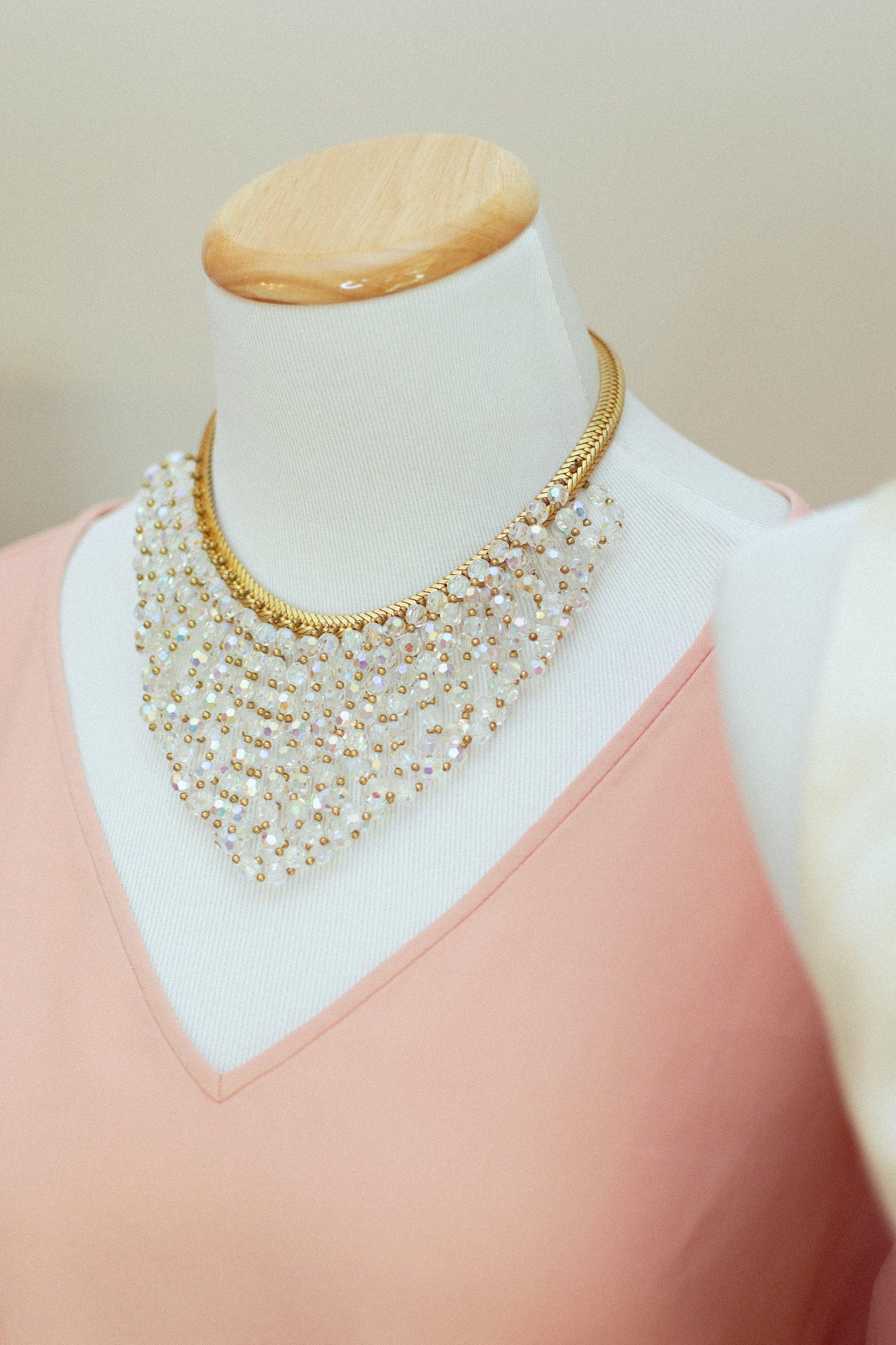 Vintage Looped Aurora Borealis Crystal Bead Bib Statement Necklace by 1950s - Vintage Meet Modern Vintage Jewelry - Chicago, Illinois - #oldhollywoodglamour #vintagemeetmodern #designervintage #jewelrybox #antiquejewelry #vintagejewelry