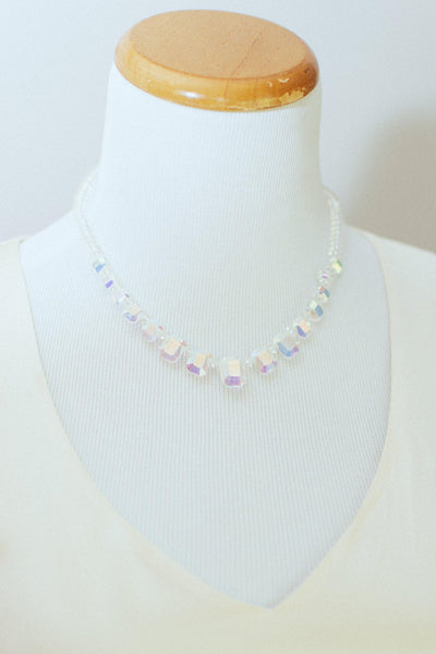 Vintage Mid Century Modern 1950s Glam Floating Emerald Cut Aurora Borealis Crystal Beaded Necklace by 1950s - Vintage Meet Modern Vintage Jewelry - Chicago, Illinois - #oldhollywoodglamour #vintagemeetmodern #designervintage #jewelrybox #antiquejewelry #vintagejewelry