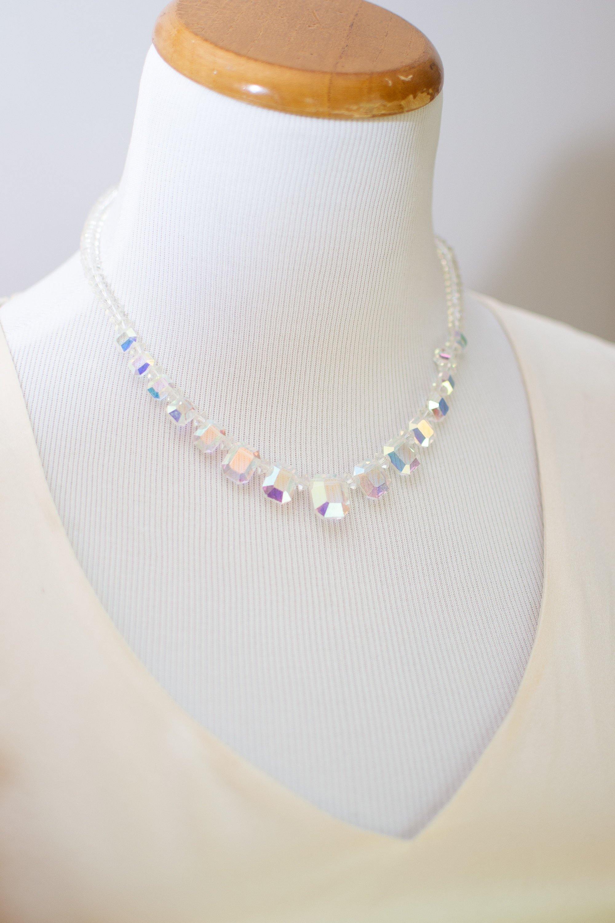 Vintage Mid Century Modern 1950s Glam Floating Emerald Cut Aurora Borealis Crystal Beaded Necklace by 1950s - Vintage Meet Modern Vintage Jewelry - Chicago, Illinois - #oldhollywoodglamour #vintagemeetmodern #designervintage #jewelrybox #antiquejewelry #vintagejewelry