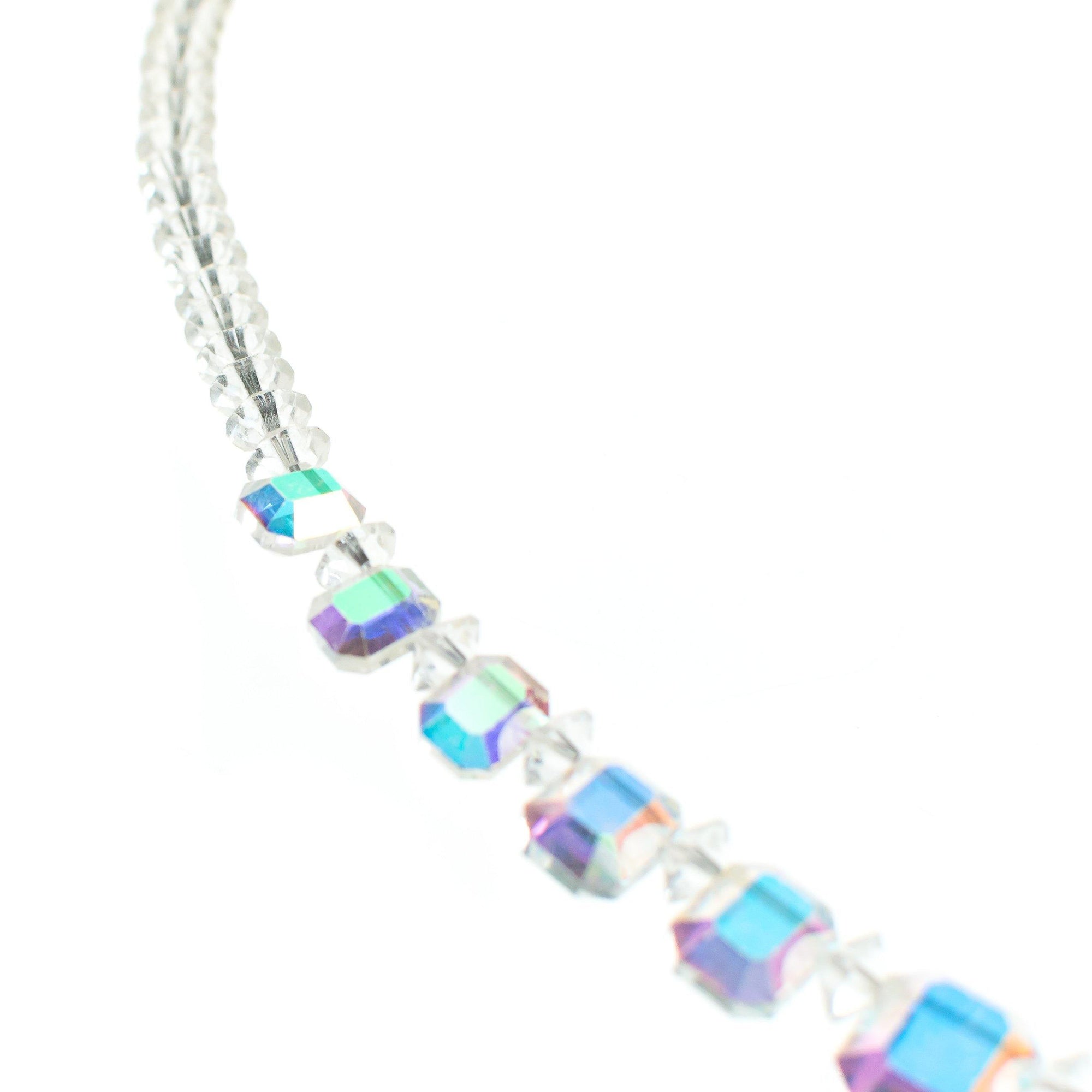 Vintage Mid Century Modern 1950s Glam Floating Emerald Cut Aurora Borealis Crystal Beaded Necklace by 1950s - Vintage Meet Modern Vintage Jewelry - Chicago, Illinois - #oldhollywoodglamour #vintagemeetmodern #designervintage #jewelrybox #antiquejewelry #vintagejewelry