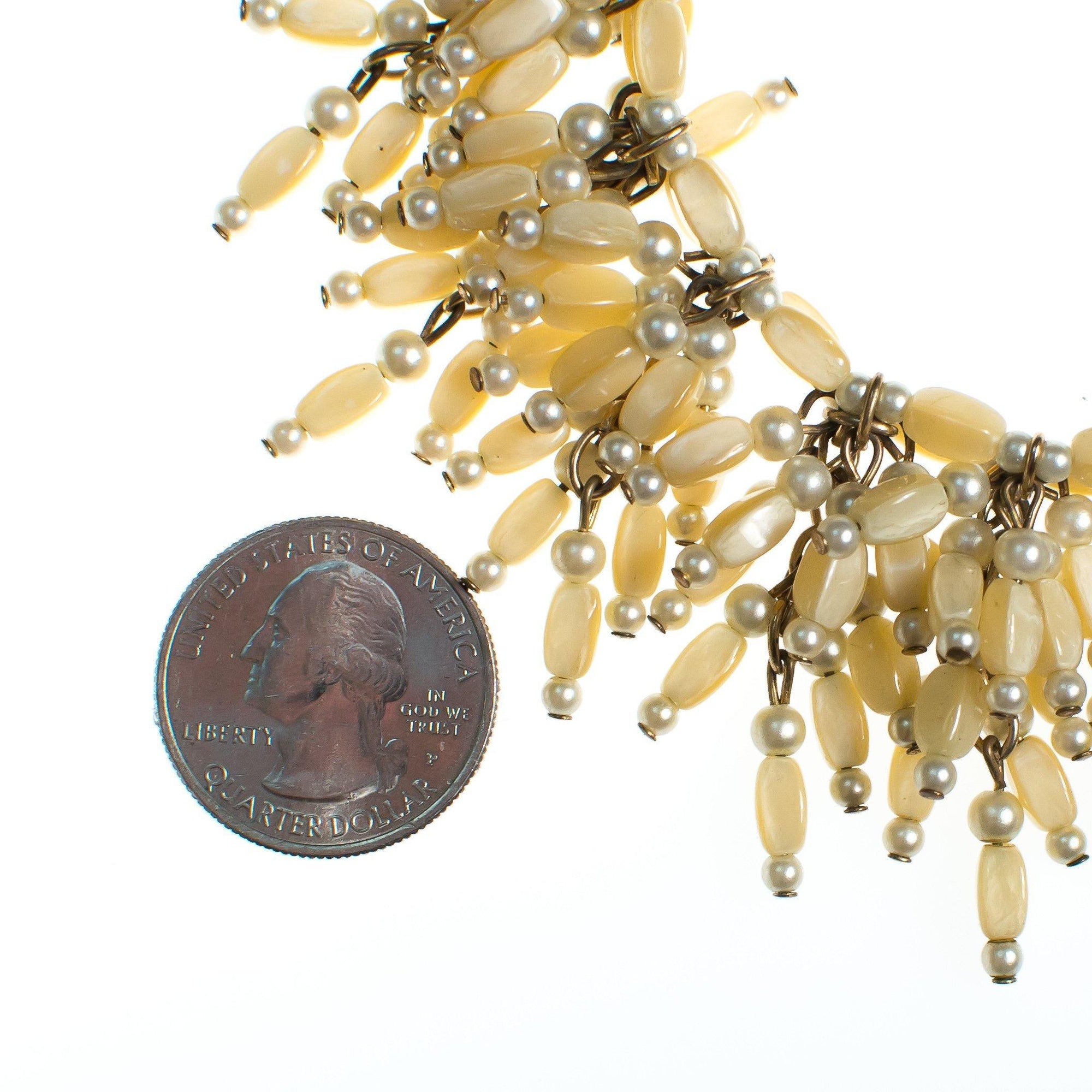 Vintage 1940s Castlecliff Fringed Mother Of Pearl Beaded Statement Bracelet by Castlecliff - Vintage Meet Modern Vintage Jewelry - Chicago, Illinois - #oldhollywoodglamour #vintagemeetmodern #designervintage #jewelrybox #antiquejewelry #vintagejewelry