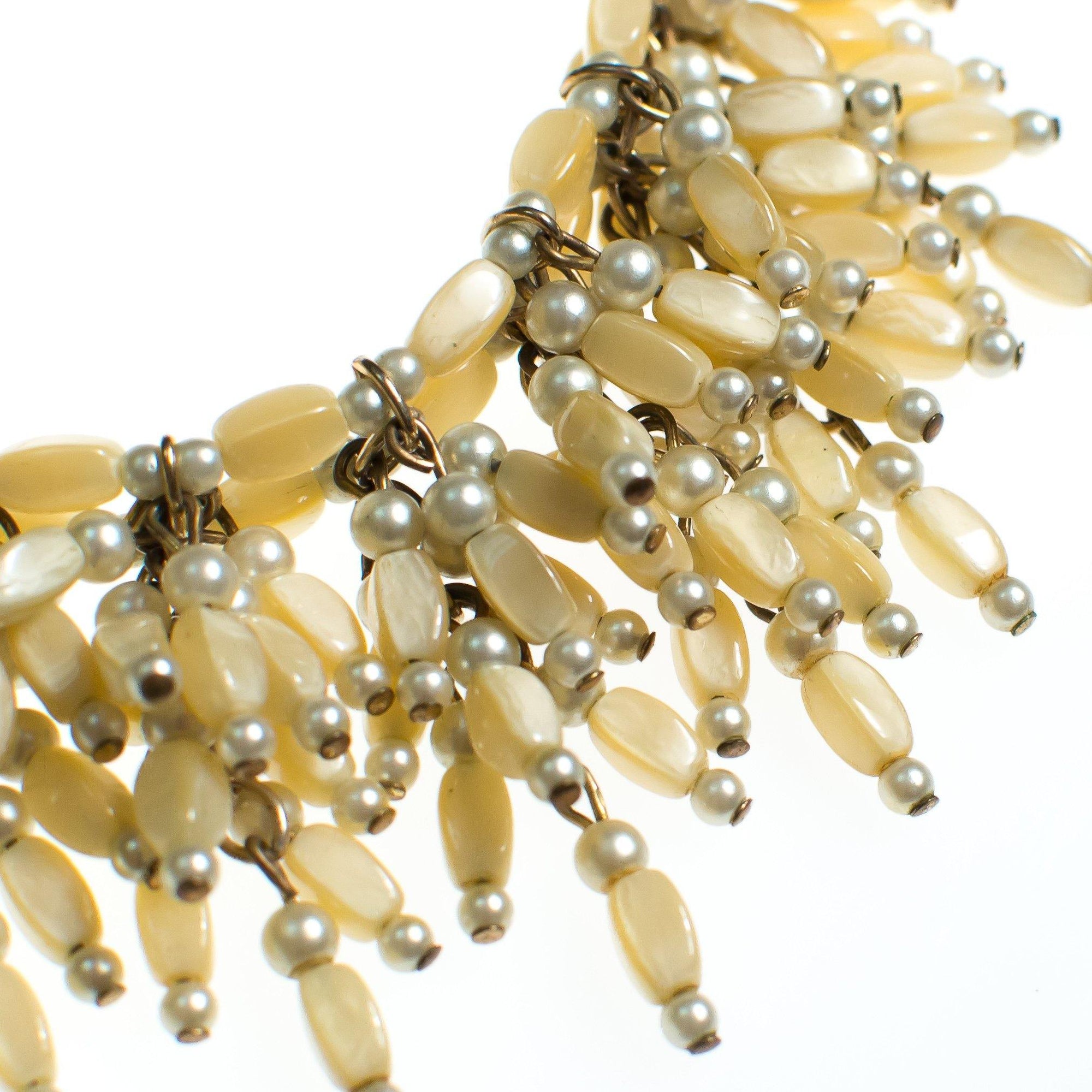 Vintage 1940s Castlecliff Fringed Mother Of Pearl Beaded Statement Bracelet by Castlecliff - Vintage Meet Modern Vintage Jewelry - Chicago, Illinois - #oldhollywoodglamour #vintagemeetmodern #designervintage #jewelrybox #antiquejewelry #vintagejewelry
