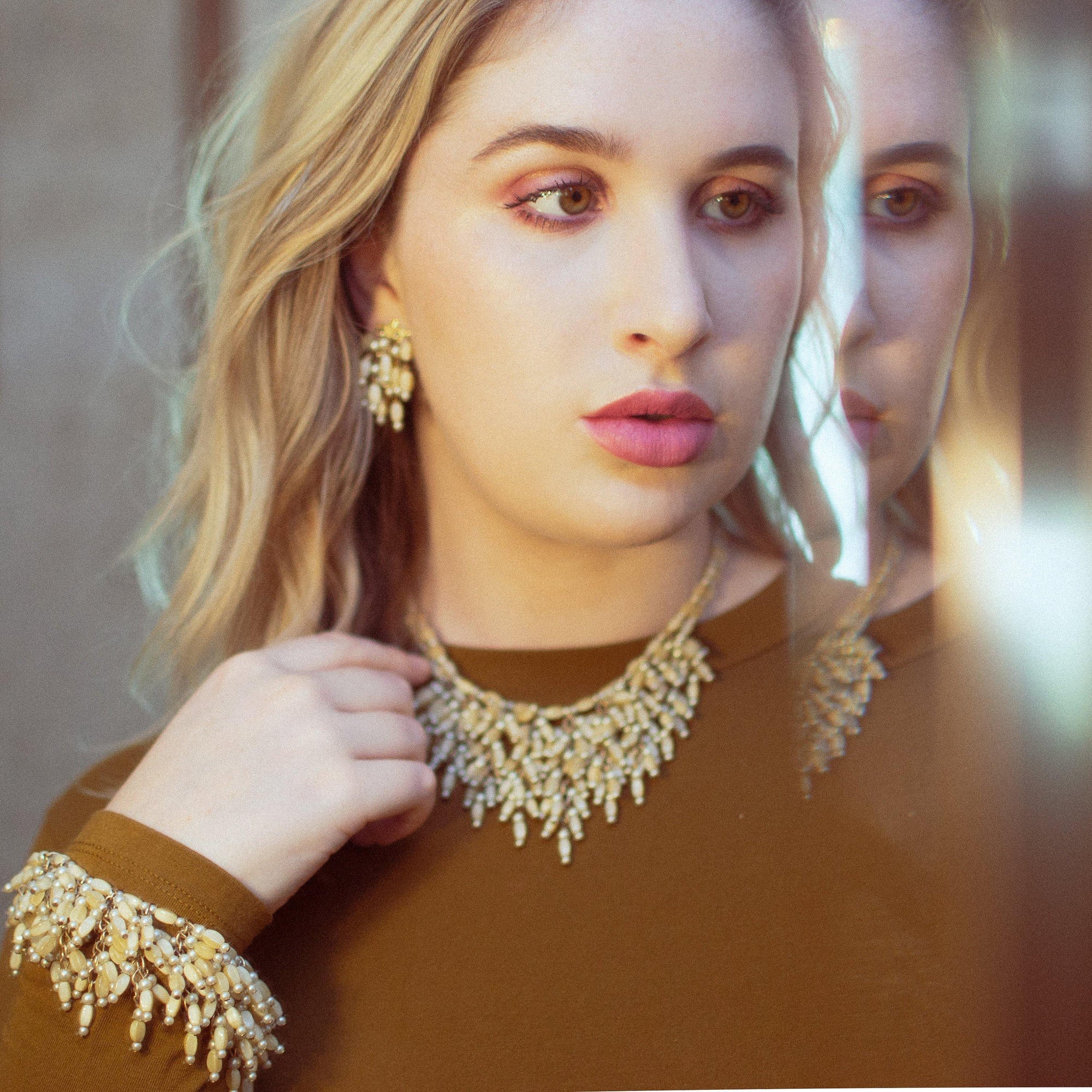 Vintage 1940s Castlecliff Fringed Mother Of Pearl Beaded Statement Bracelet by Castlecliff - Vintage Meet Modern Vintage Jewelry - Chicago, Illinois - #oldhollywoodglamour #vintagemeetmodern #designervintage #jewelrybox #antiquejewelry #vintagejewelry