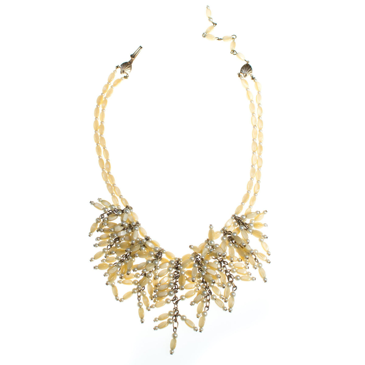 Vintage 1940s Designer Castlecliff Champagne Mother of Pearl Fringed Beaded Bib Statement Necklace
