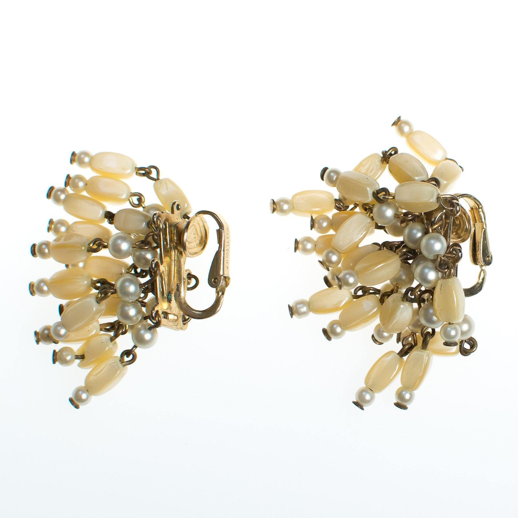 Vintage 1940s Designer Castlecliff Mother of Pearl Tassel Beaded Cha Cha Earrings by Castlecliff - Vintage Meet Modern Vintage Jewelry - Chicago, Illinois - #oldhollywoodglamour #vintagemeetmodern #designervintage #jewelrybox #antiquejewelry #vintagejewelry