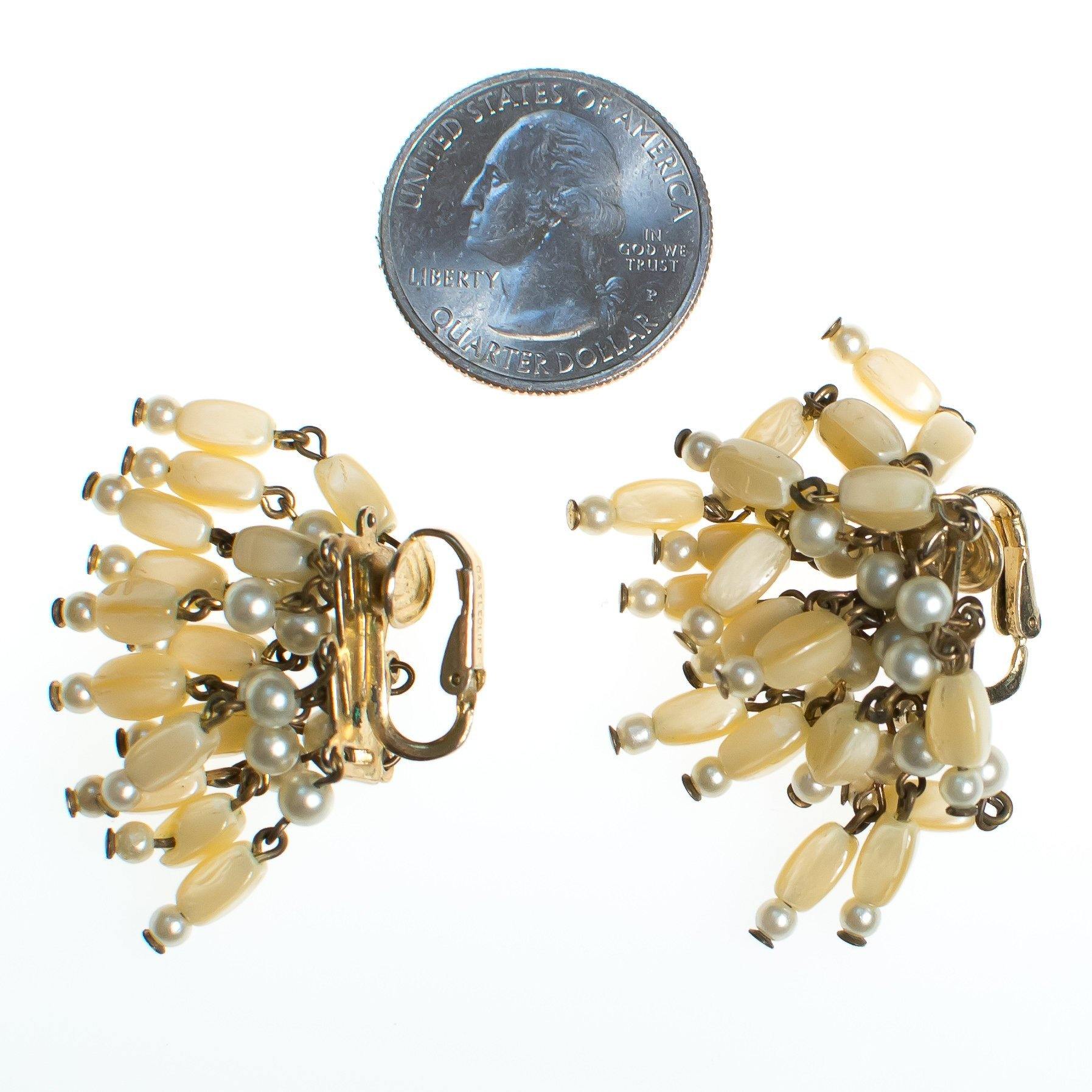 Vintage 1940s Designer Castlecliff Mother of Pearl Tassel Beaded Cha Cha Earrings by Castlecliff - Vintage Meet Modern Vintage Jewelry - Chicago, Illinois - #oldhollywoodglamour #vintagemeetmodern #designervintage #jewelrybox #antiquejewelry #vintagejewelry