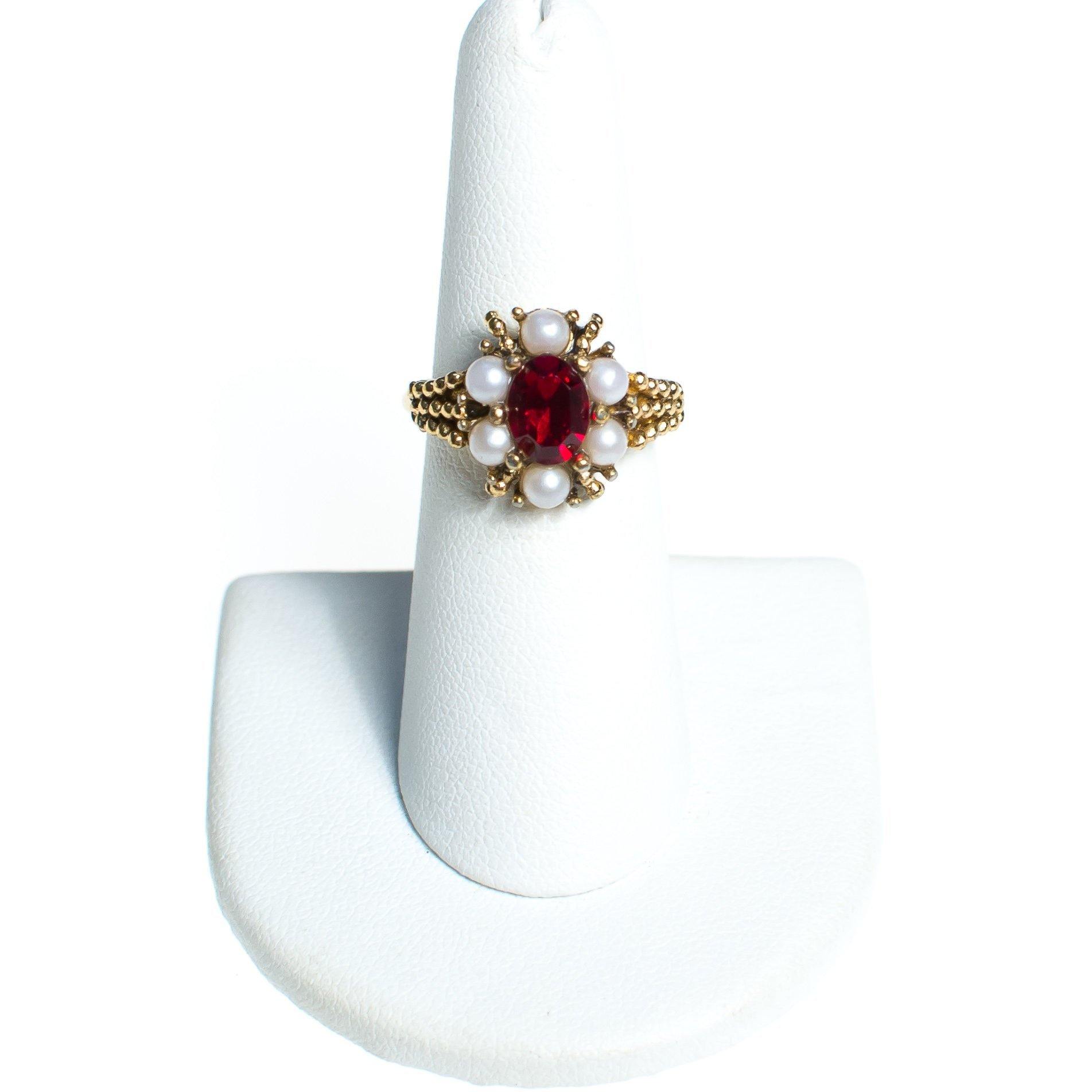 Vintage Avon Ruby Red Crystal and Faux Pearl Cocktail Statement Ring by Avon - Vintage Meet Modern Vintage Jewelry - Chicago, Illinois - #oldhollywoodglamour #vintagemeetmodern #designervintage #jewelrybox #antiquejewelry #vintagejewelry