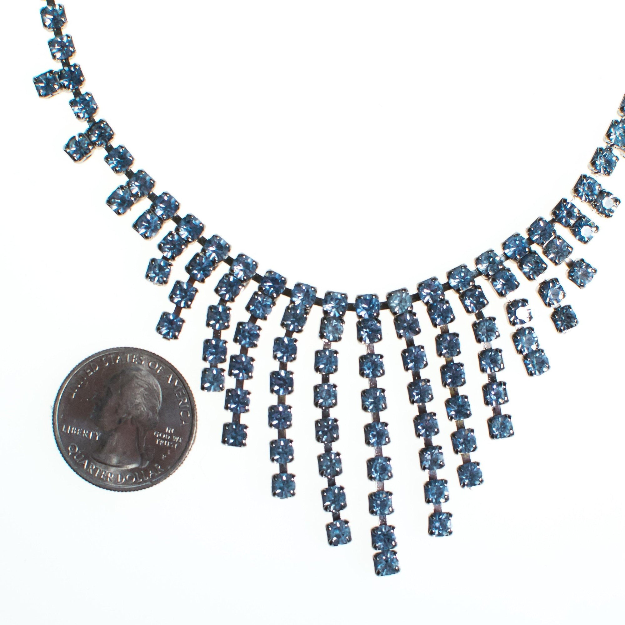 Vintage Cinderella Light Blue Rhinestone Fringed Bib Necklace, Silver Tone, Fish Hook Necklace, Dangle by 1950s - Vintage Meet Modern Vintage Jewelry - Chicago, Illinois - #oldhollywoodglamour #vintagemeetmodern #designervintage #jewelrybox #antiquejewelry #vintagejewelry