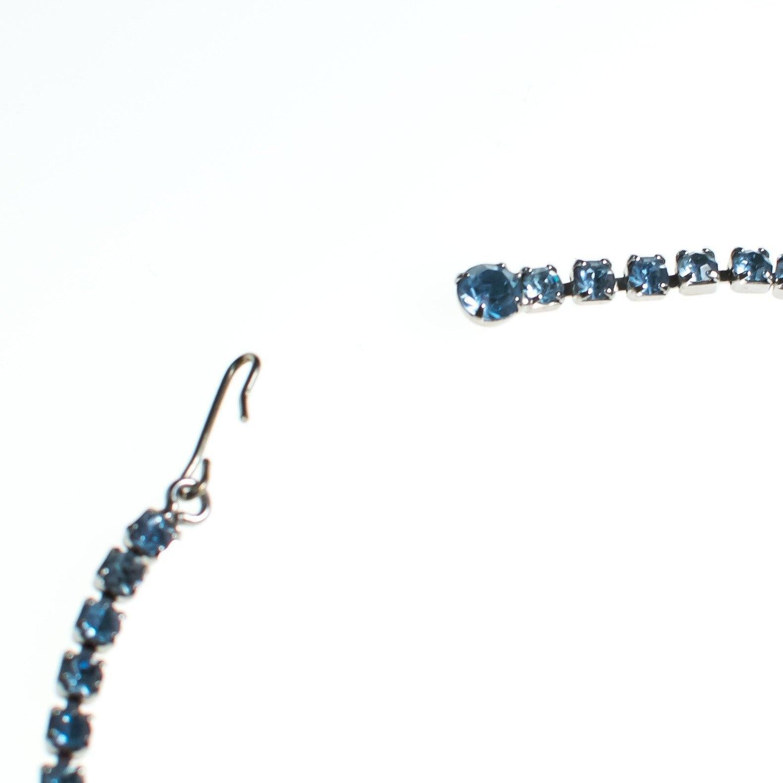 Vintage Cinderella Light Blue Rhinestone Fringed Bib Necklace, Silver Tone, Fish Hook Necklace, Dangle by 1950s - Vintage Meet Modern Vintage Jewelry - Chicago, Illinois - #oldhollywoodglamour #vintagemeetmodern #designervintage #jewelrybox #antiquejewelry #vintagejewelry