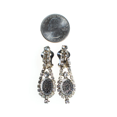 Vintage Etched Crystal Earrings, Diamante Crystals, Dangle Earrings, Silver Tone Setting, Clip-on by Juliana - Vintage Meet Modern Vintage Jewelry - Chicago, Illinois - #oldhollywoodglamour #vintagemeetmodern #designervintage #jewelrybox #antiquejewelry #vintagejewelry