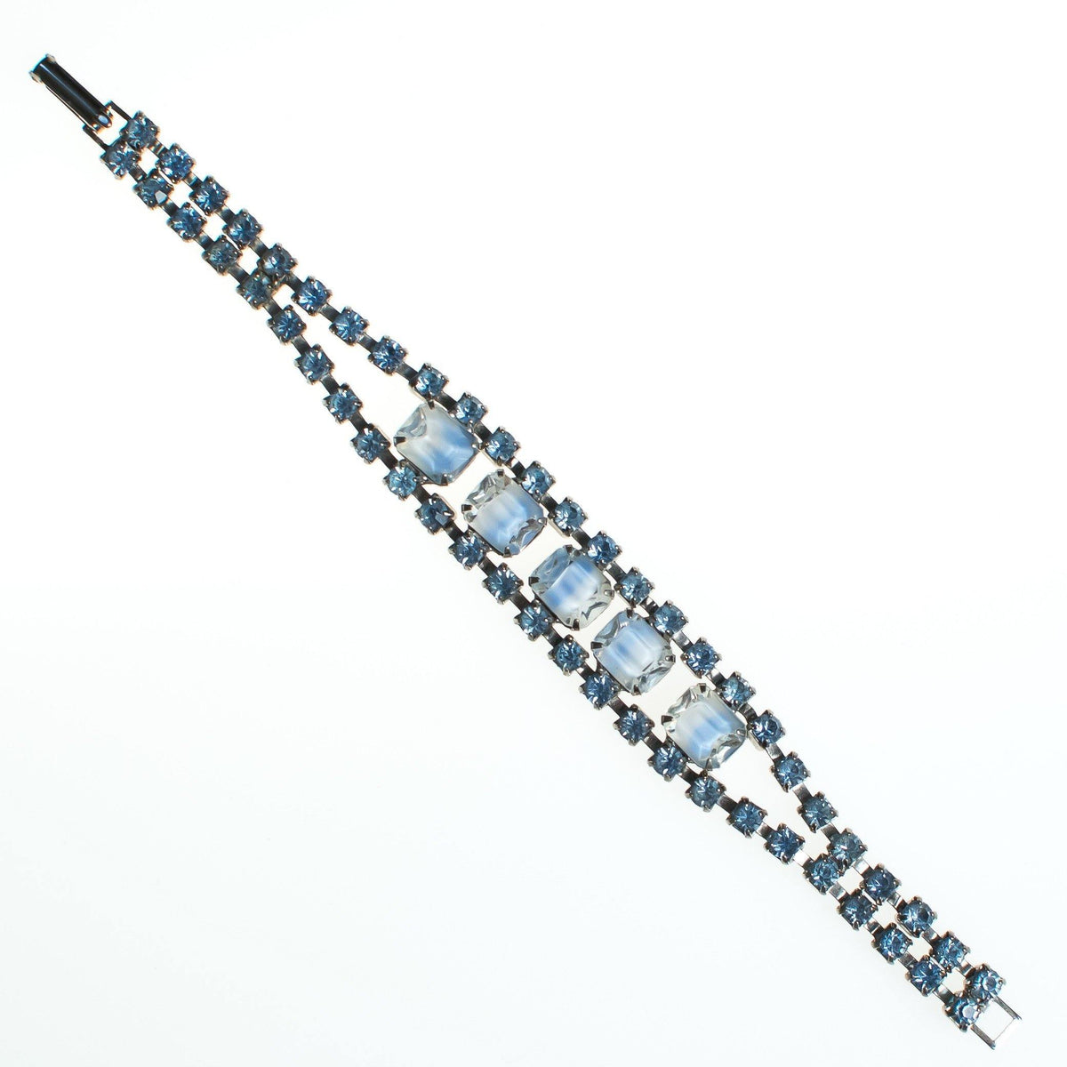 Vintage Cinderella Blue Givere Rhinestone Bracelet, Silver Tone, Snap Lock Clasp