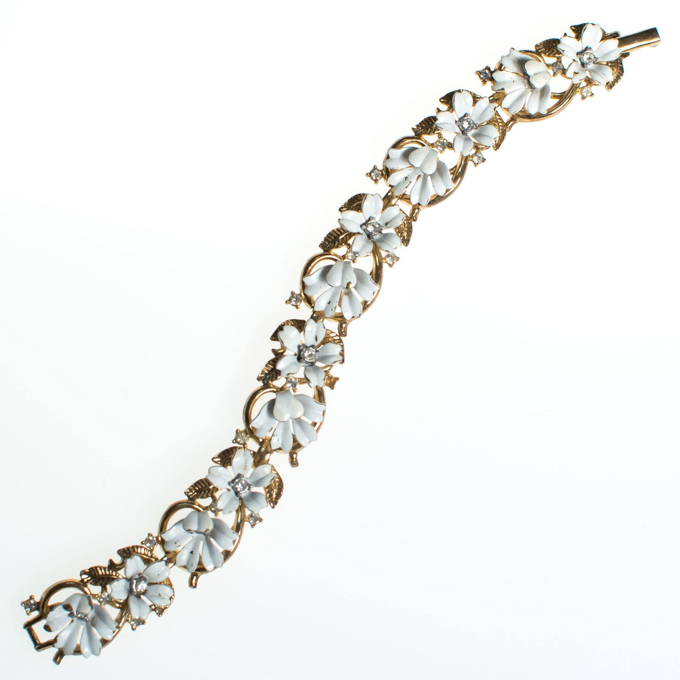 Vintage Crown Trifari White Flower with Rhinestones Bracelet, Gold Tone, White Flowers, CZ, Snap Lock Clasp