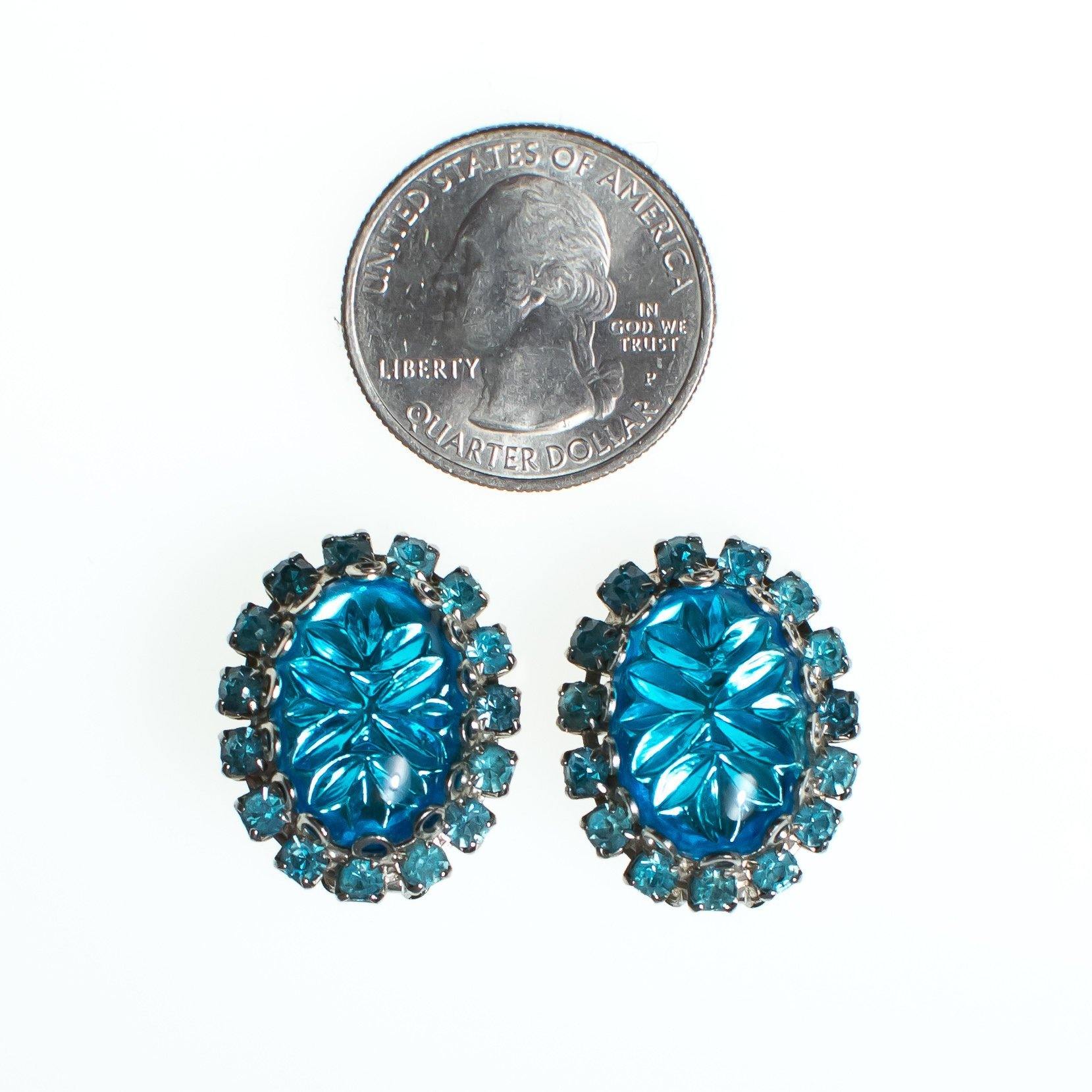 Vintage Judy Lee Earrings, Blue Star Carved Crystal Cabochon, Blue Rhinestones, Silver Tone Setting, Clip-on by Judy Lee - Vintage Meet Modern Vintage Jewelry - Chicago, Illinois - #oldhollywoodglamour #vintagemeetmodern #designervintage #jewelrybox #antiquejewelry #vintagejewelry