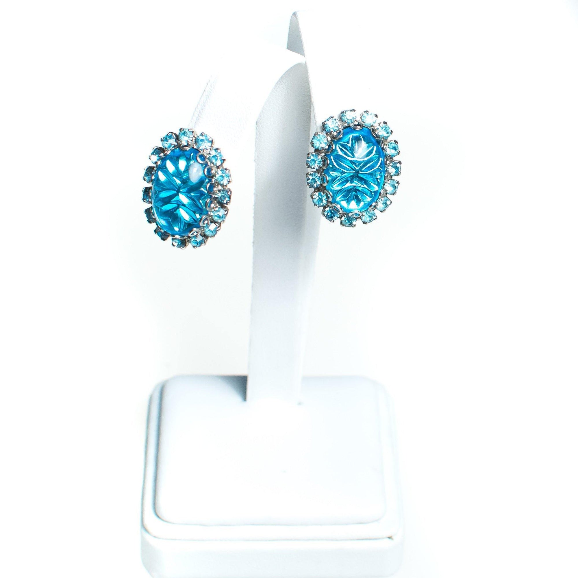 Vintage Judy Lee Earrings, Blue Star Carved Crystal Cabochon, Blue Rhinestones, Silver Tone Setting, Clip-on by Judy Lee - Vintage Meet Modern Vintage Jewelry - Chicago, Illinois - #oldhollywoodglamour #vintagemeetmodern #designervintage #jewelrybox #antiquejewelry #vintagejewelry