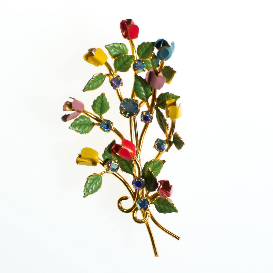 Vintage Made in Austria Red, Pink, Yellow, and Blue Flower Brooch, Aurora Borealis Rhinestones, Gold Tone Setting, Brooches and Pins by Austria - Vintage Meet Modern Vintage Jewelry - Chicago, Illinois - #oldhollywoodglamour #vintagemeetmodern #designervintage #jewelrybox #antiquejewelry #vintagejewelry