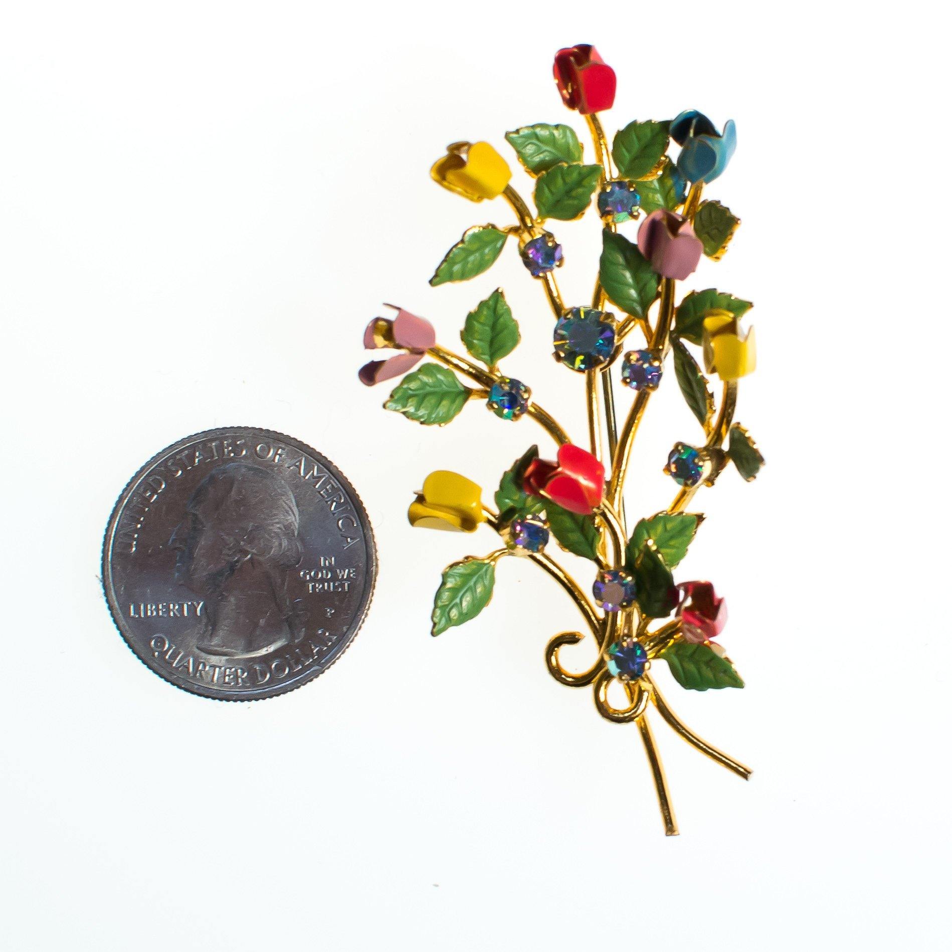 Vintage Made in Austria Red, Pink, Yellow, and Blue Flower Brooch, Aurora Borealis Rhinestones, Gold Tone Setting, Brooches and Pins by Austria - Vintage Meet Modern Vintage Jewelry - Chicago, Illinois - #oldhollywoodglamour #vintagemeetmodern #designervintage #jewelrybox #antiquejewelry #vintagejewelry