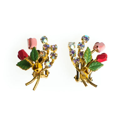 Vintage Made In Austria Flower Earrings, Pink, Red, and Yellow Flowers, Aurora Borealis Rhinestones, Gold Tone Setting, Clip-on by Austria - Vintage Meet Modern Vintage Jewelry - Chicago, Illinois - #oldhollywoodglamour #vintagemeetmodern #designervintage #jewelrybox #antiquejewelry #vintagejewelry