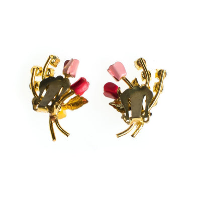 Vintage Made In Austria Flower Earrings, Pink, Red, and Yellow Flowers, Aurora Borealis Rhinestones, Gold Tone Setting, Clip-on by Austria - Vintage Meet Modern Vintage Jewelry - Chicago, Illinois - #oldhollywoodglamour #vintagemeetmodern #designervintage #jewelrybox #antiquejewelry #vintagejewelry
