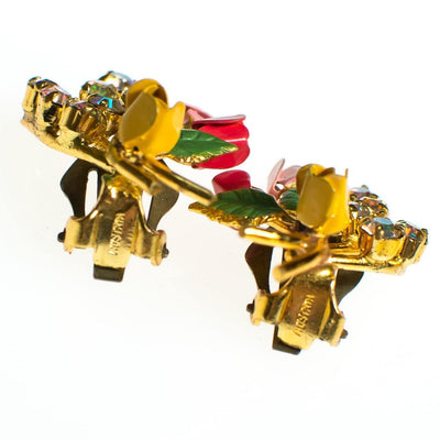Vintage Made In Austria Flower Earrings, Pink, Red, and Yellow Flowers, Aurora Borealis Rhinestones, Gold Tone Setting, Clip-on by Austria - Vintage Meet Modern Vintage Jewelry - Chicago, Illinois - #oldhollywoodglamour #vintagemeetmodern #designervintage #jewelrybox #antiquejewelry #vintagejewelry