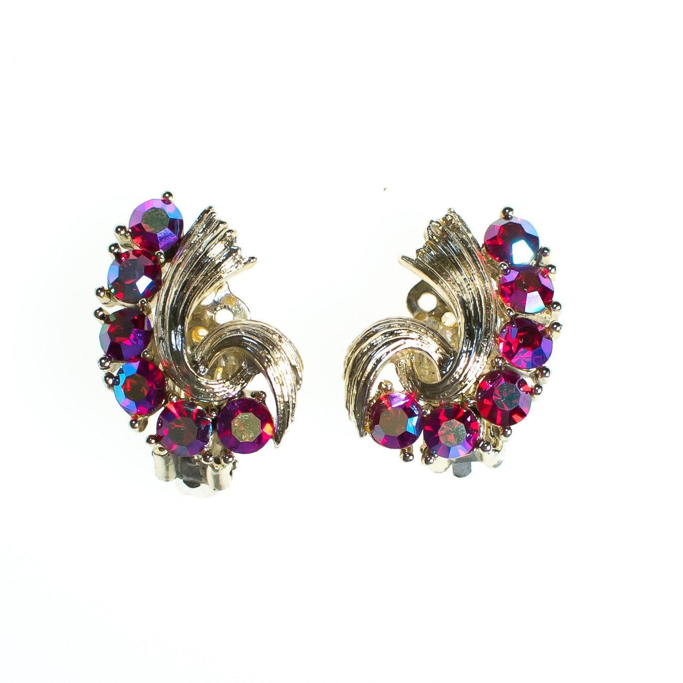 Vintage Lisner Earrings Hot Pink Rhinestones, Gold Tone Setting, Clip-on by Vintage Lisner - Vintage Meet Modern Vintage Jewelry - Chicago, Illinois - #oldhollywoodglamour #vintagemeetmodern #designervintage #jewelrybox #antiquejewelry #vintagejewelry