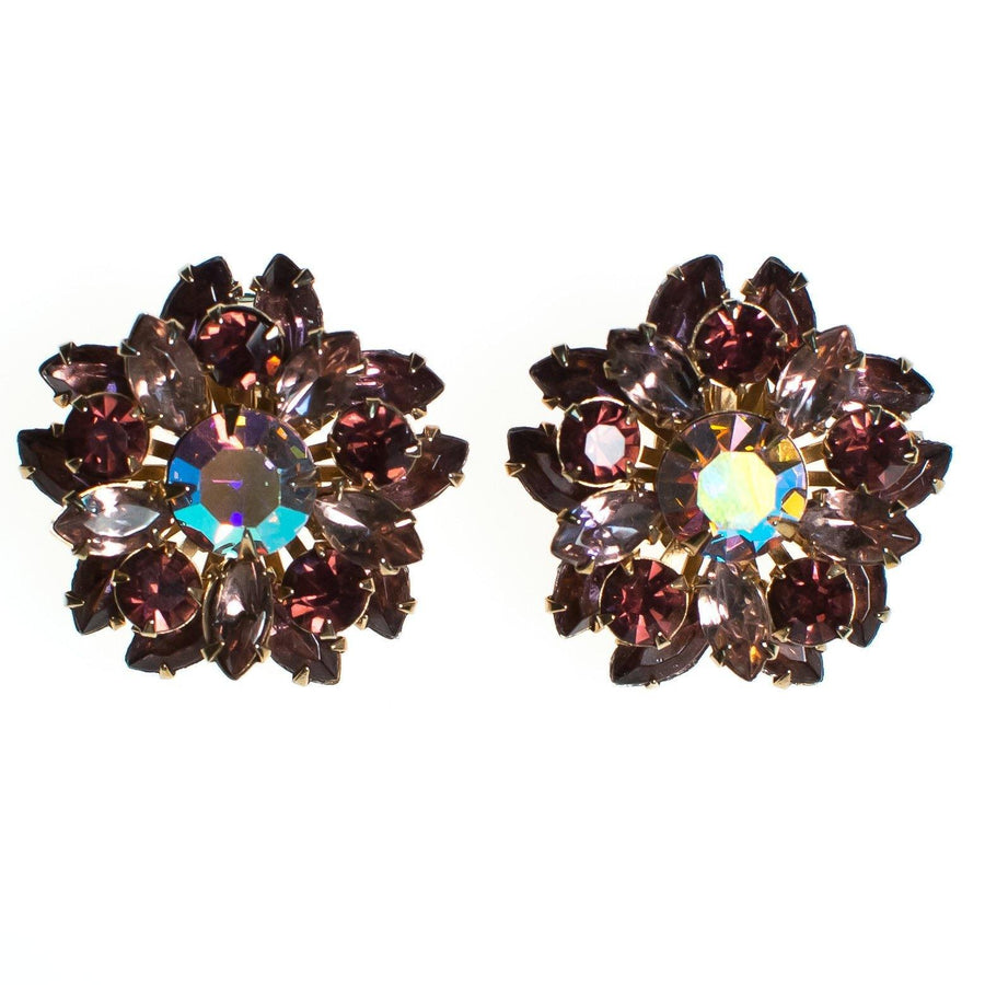 Vintage 1950s Rhinestone Earrings, Purple and Aurora Borealis Rhinestones, Gold Tone Setting, Clip-on by 1950s - Vintage Meet Modern Vintage Jewelry - Chicago, Illinois - #oldhollywoodglamour #vintagemeetmodern #designervintage #jewelrybox #antiquejewelry #vintagejewelry