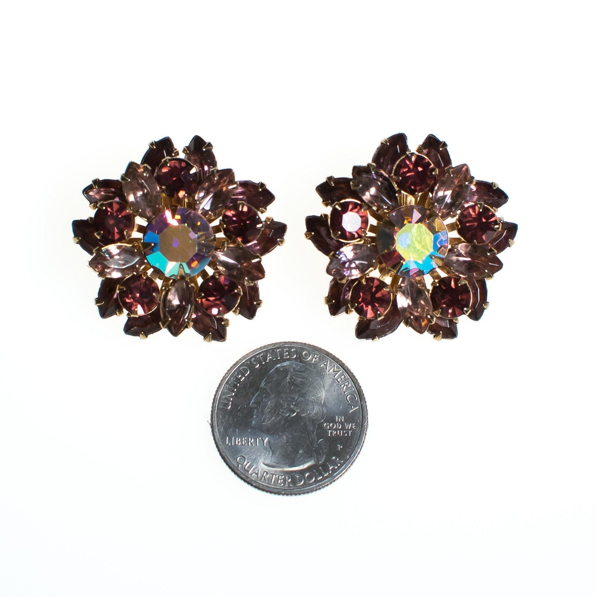Vintage 1950s Rhinestone Earrings, Purple and Aurora Borealis Rhinestones, Gold Tone Setting, Clip-on by 1950s - Vintage Meet Modern Vintage Jewelry - Chicago, Illinois - #oldhollywoodglamour #vintagemeetmodern #designervintage #jewelrybox #antiquejewelry #vintagejewelry