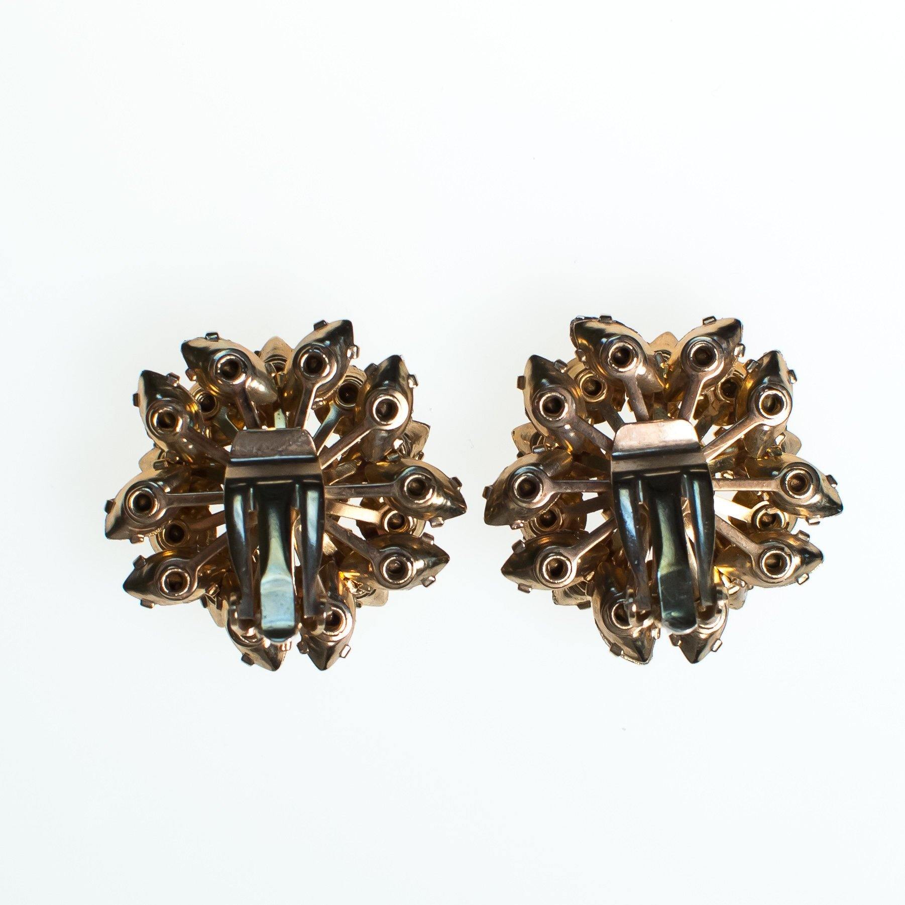 Vintage 1950s Rhinestone Earrings, Purple and Aurora Borealis Rhinestones, Gold Tone Setting, Clip-on by 1950s - Vintage Meet Modern Vintage Jewelry - Chicago, Illinois - #oldhollywoodglamour #vintagemeetmodern #designervintage #jewelrybox #antiquejewelry #vintagejewelry