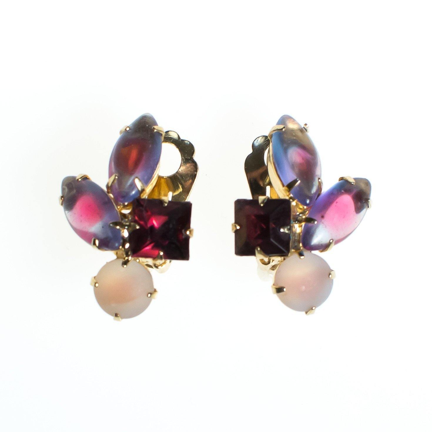 Vintage Pink and Purple Rhinestone Statement Earrings by 1950s - Vintage Meet Modern Vintage Jewelry - Chicago, Illinois - #oldhollywoodglamour #vintagemeetmodern #designervintage #jewelrybox #antiquejewelry #vintagejewelry