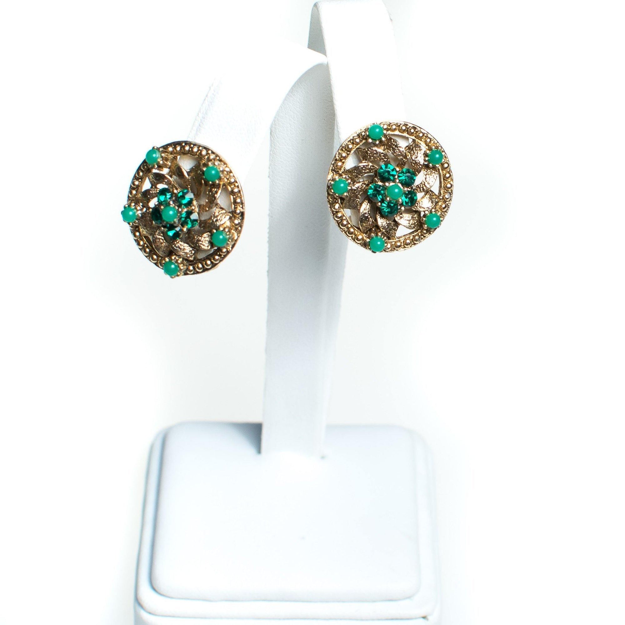 Vintage Round Flower Earrings With Jade Green Beads, Green Lucite Beads, Gold Tone Setting, Clip-on by 1950s - Vintage Meet Modern Vintage Jewelry - Chicago, Illinois - #oldhollywoodglamour #vintagemeetmodern #designervintage #jewelrybox #antiquejewelry #vintagejewelry