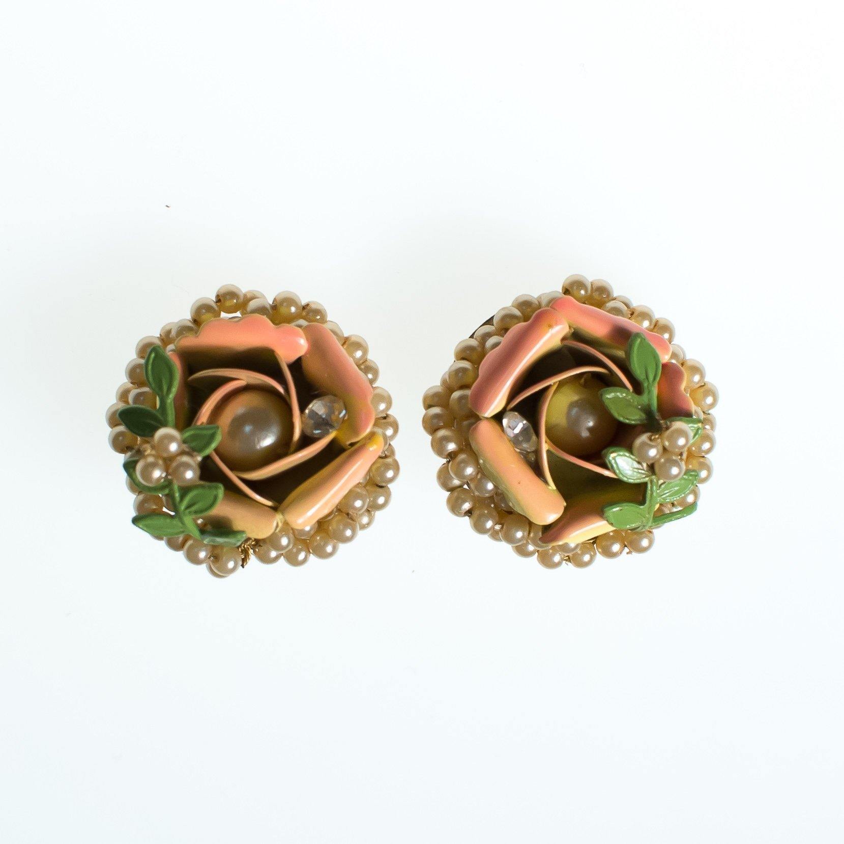 Vintage Orange Enamel Rose Earrings with Rhinestones and Pearls  Diamante Crystal, Gold Tone Setting, Clip-on by 1950s - Vintage Meet Modern Vintage Jewelry - Chicago, Illinois - #oldhollywoodglamour #vintagemeetmodern #designervintage #jewelrybox #antiquejewelry #vintagejewelry