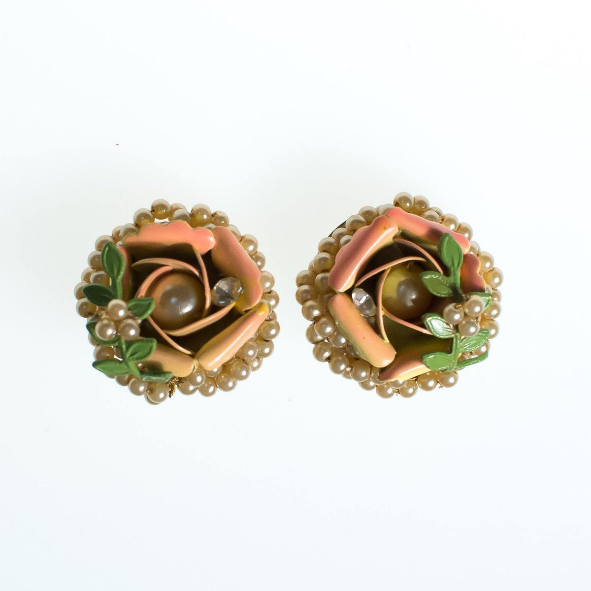 Vintage Orange Enamel Rose Earrings with Rhinestones and Pearls  Diamante Crystal, Gold Tone Setting, Clip-on