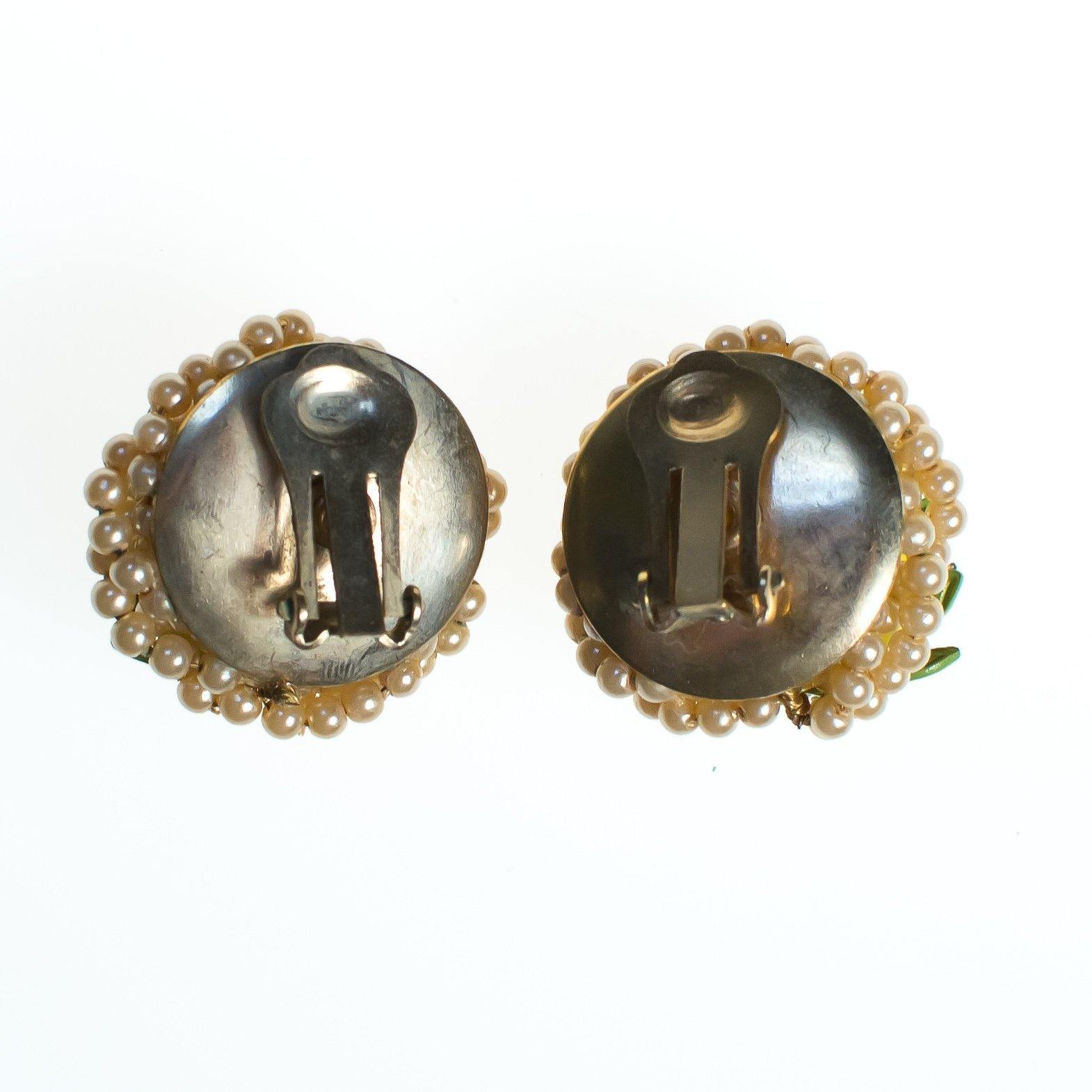 Vintage Orange Enamel Rose Earrings with Rhinestones and Pearls  Diamante Crystal, Gold Tone Setting, Clip-on by 1950s - Vintage Meet Modern Vintage Jewelry - Chicago, Illinois - #oldhollywoodglamour #vintagemeetmodern #designervintage #jewelrybox #antiquejewelry #vintagejewelry