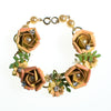 Vintage Peach Enamel Flower Bracelet, Orange Flowers, Green Leaves, Faux Pearls, Gold Tone Beads, Gold Tone Chain, CZ, Spring Ring Clasp by 1950s - Vintage Meet Modern Vintage Jewelry - Chicago, Illinois - #oldhollywoodglamour #vintagemeetmodern #designervintage #jewelrybox #antiquejewelry #vintagejewelry