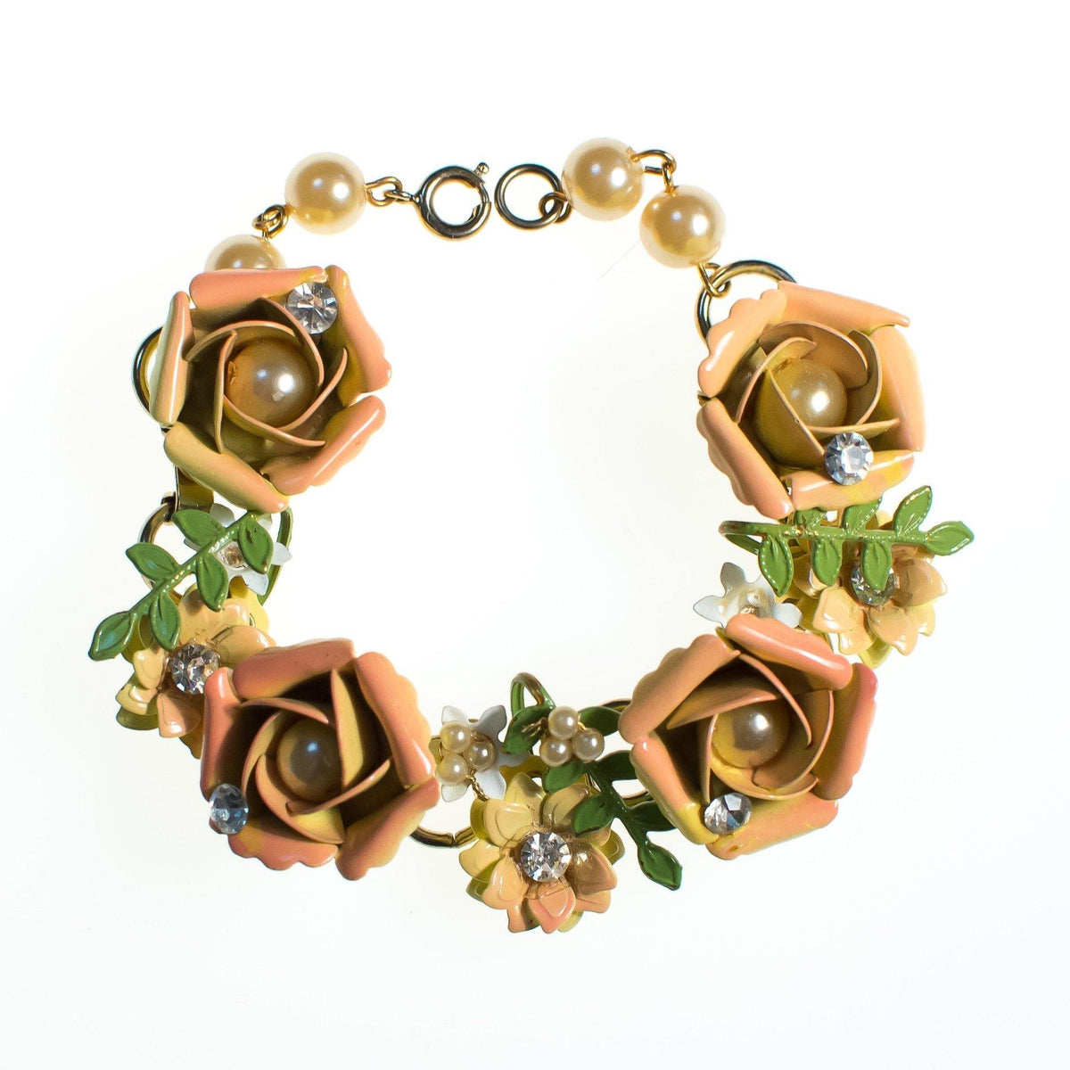 Vintage Peach Enamel Flower Bracelet, Orange Flowers, Green Leaves, Faux Pearls, Gold Tone Beads, Gold Tone Chain, CZ, Spring Ring Clasp