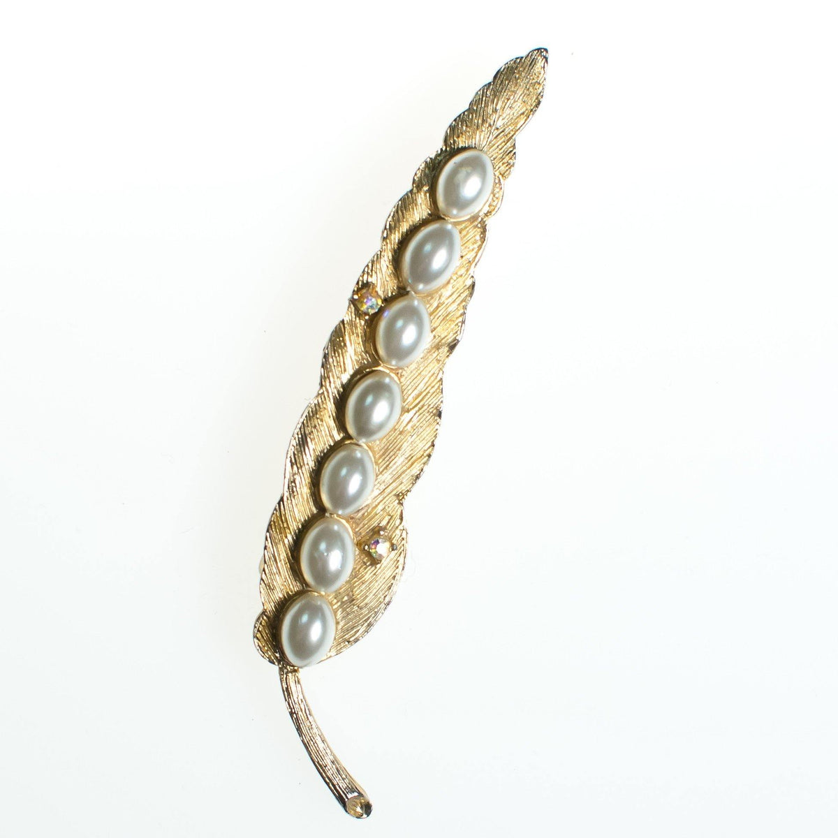 Vintage Coro Leaf Brooch, Faux Pearls, Aurora Borealis Rhinestones, Gold Tone Setting, Brooches and Pins