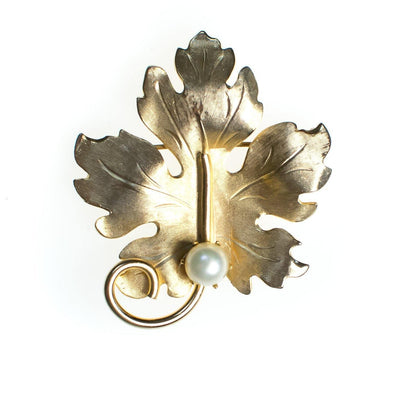 Vintage 1950s Mid Century Modern Lisner Gold Tone Leaf Brooch, Faux Pearl, Brooches and Pins by Lisner - Vintage Meet Modern Vintage Jewelry - Chicago, Illinois - #oldhollywoodglamour #vintagemeetmodern #designervintage #jewelrybox #antiquejewelry #vintagejewelry