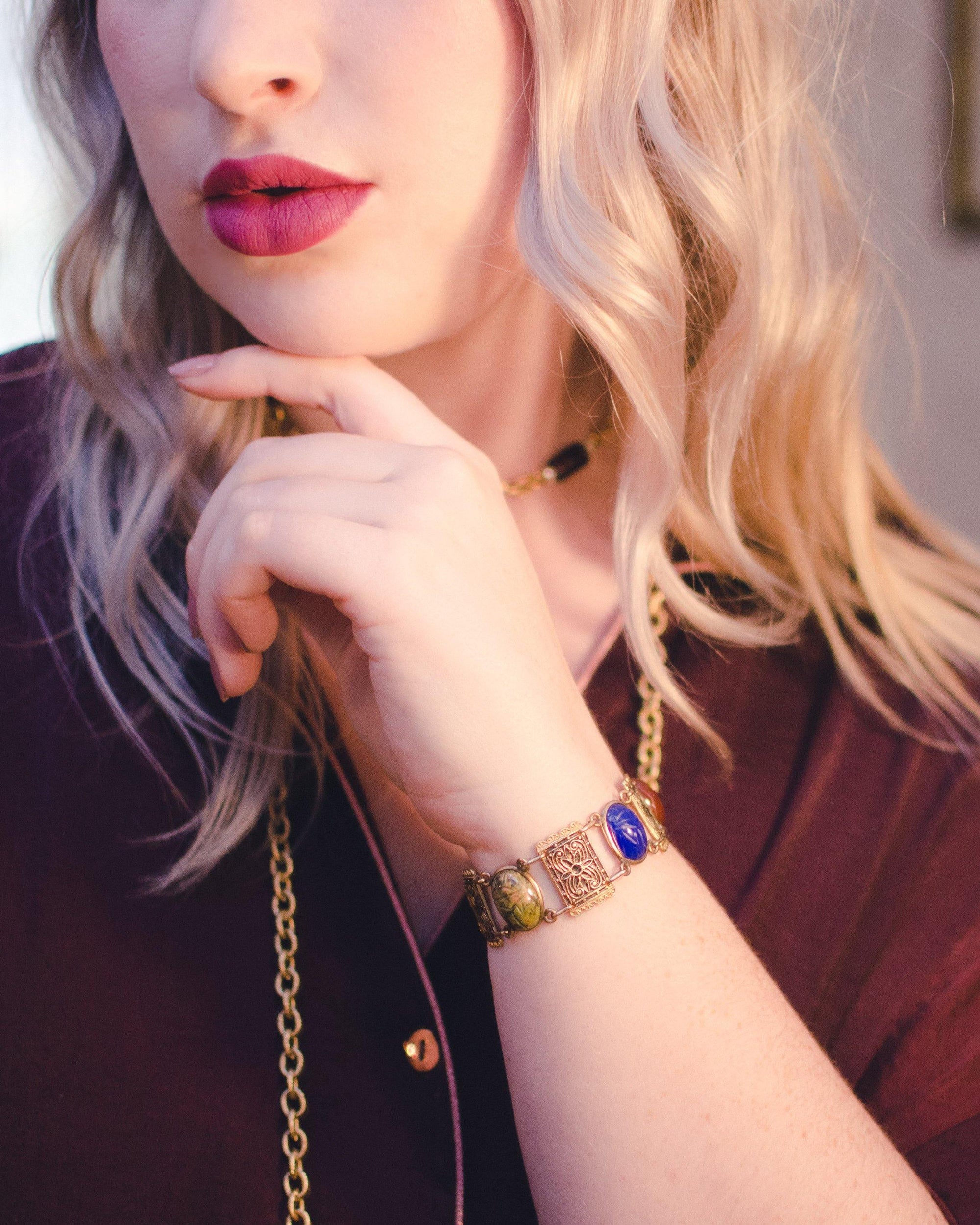 Vintage Scarab and Damascene Bracelet, Green, Red, Blue, and Green Gemstones, Gold Tone Setting, Snap Lock Clasp by Damascene - Vintage Meet Modern Vintage Jewelry - Chicago, Illinois - #oldhollywoodglamour #vintagemeetmodern #designervintage #jewelrybox #antiquejewelry #vintagejewelry