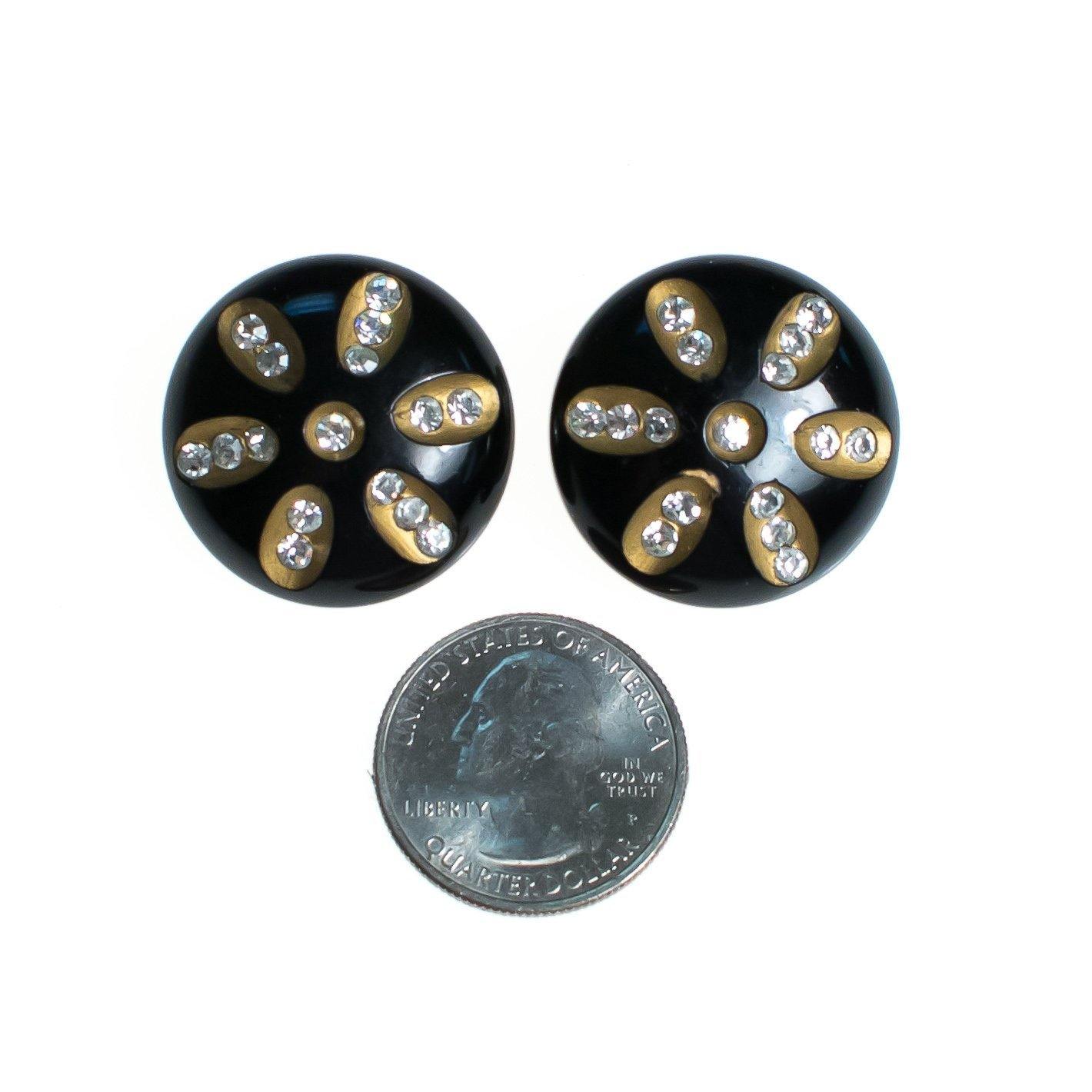Vintage Lucite Earrings, Black and Gold Lucite, Diamante Crystals, Clip-on by 1950s - Vintage Meet Modern Vintage Jewelry - Chicago, Illinois - #oldhollywoodglamour #vintagemeetmodern #designervintage #jewelrybox #antiquejewelry #vintagejewelry