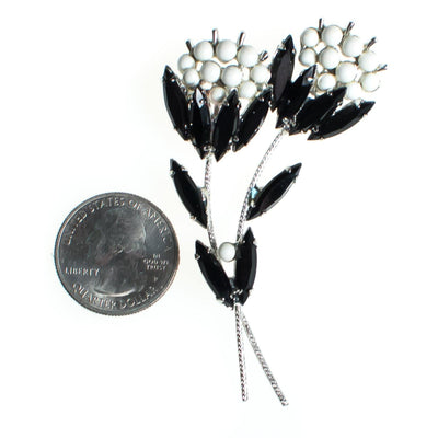 Vintage Flower Brooch, Jet Black Crytal Rhinestones, White Milk Glass Beads, Silver Tone Setting, Brooches and Pins by 1950s - Vintage Meet Modern Vintage Jewelry - Chicago, Illinois - #oldhollywoodglamour #vintagemeetmodern #designervintage #jewelrybox #antiquejewelry #vintagejewelry