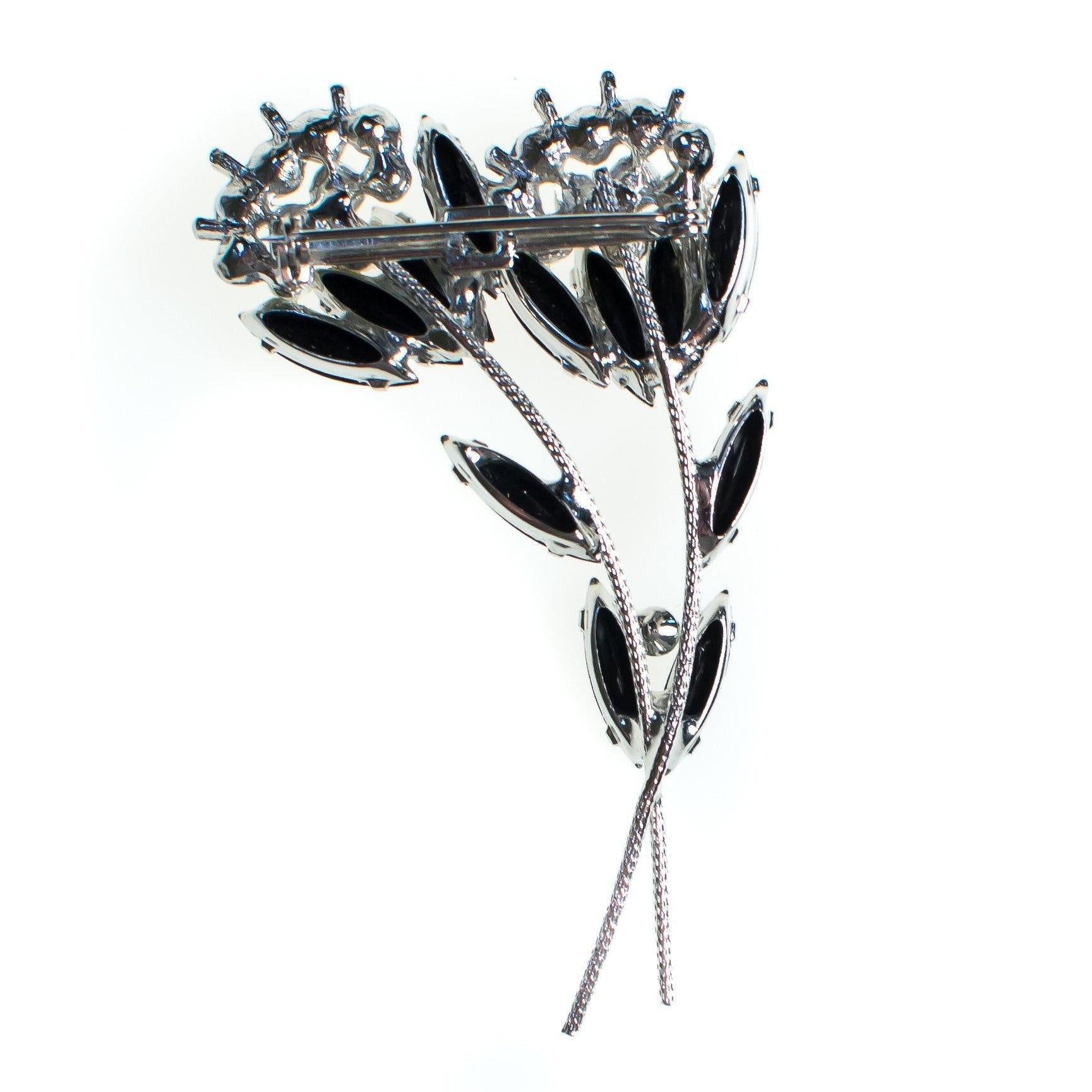 Vintage Flower Brooch, Jet Black Crytal Rhinestones, White Milk Glass Beads, Silver Tone Setting, Brooches and Pins by 1950s - Vintage Meet Modern Vintage Jewelry - Chicago, Illinois - #oldhollywoodglamour #vintagemeetmodern #designervintage #jewelrybox #antiquejewelry #vintagejewelry