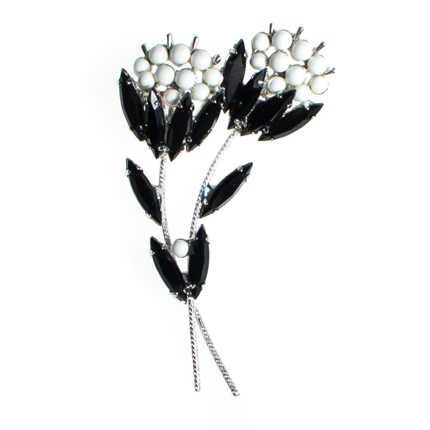 Vintage Flower Brooch, Jet Black Crytal Rhinestones, White Milk Glass Beads, Silver Tone Setting, Brooches and Pins