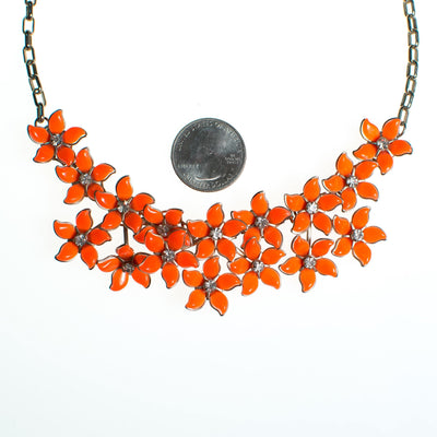 Vintage Orange Thermoset Flower Necklace, Orange Lucite Flowers, Silver Tone Chain, Rhinestones, Fish Hook Clasp by 1950s - Vintage Meet Modern Vintage Jewelry - Chicago, Illinois - #oldhollywoodglamour #vintagemeetmodern #designervintage #jewelrybox #antiquejewelry #vintagejewelry