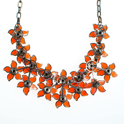 Vintage Orange Thermoset Flower Necklace, Orange Lucite Flowers, Silver Tone Chain, Rhinestones, Fish Hook Clasp by 1950s - Vintage Meet Modern Vintage Jewelry - Chicago, Illinois - #oldhollywoodglamour #vintagemeetmodern #designervintage #jewelrybox #antiquejewelry #vintagejewelry